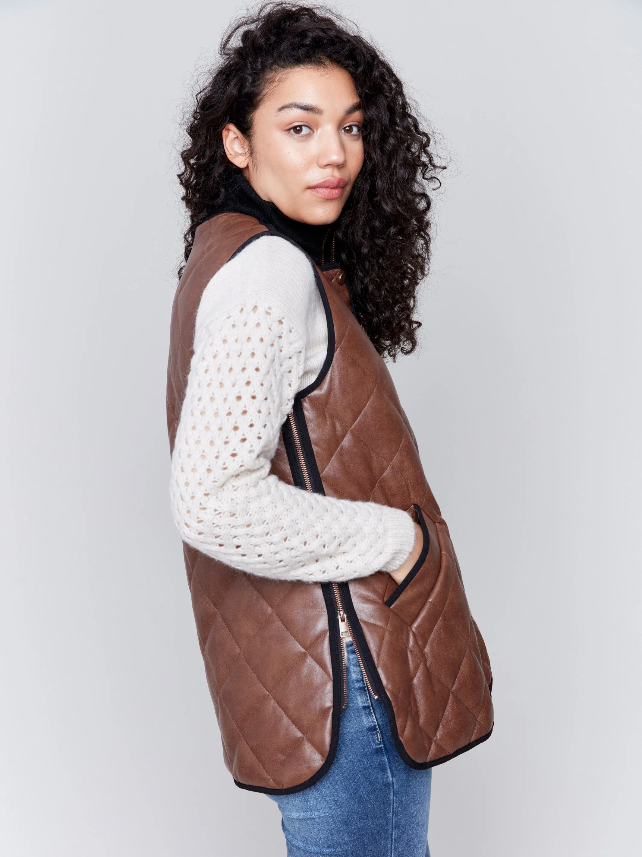 Long Quilted Faux Leather Vest - Brandy sold by Charlie B product image thumbnail 4