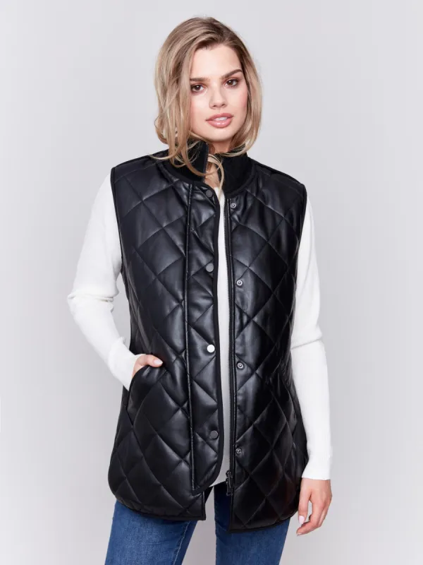 Long Quilted Faux Leather Vest - Black sold by Charlie B