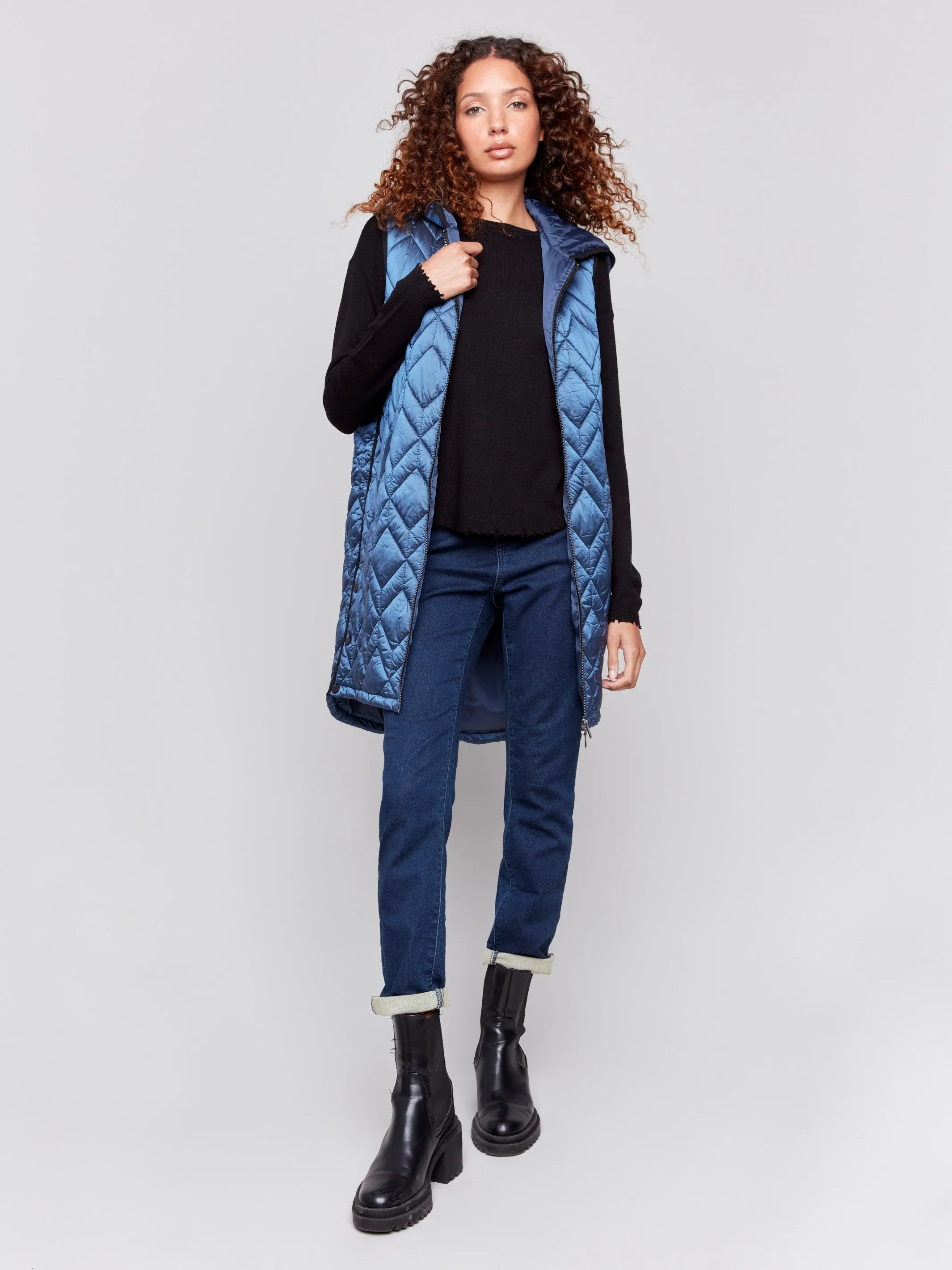 Long Quilted Puffer Vest with Hood - Glacier sold by Charlie B product image thumbnail 2
