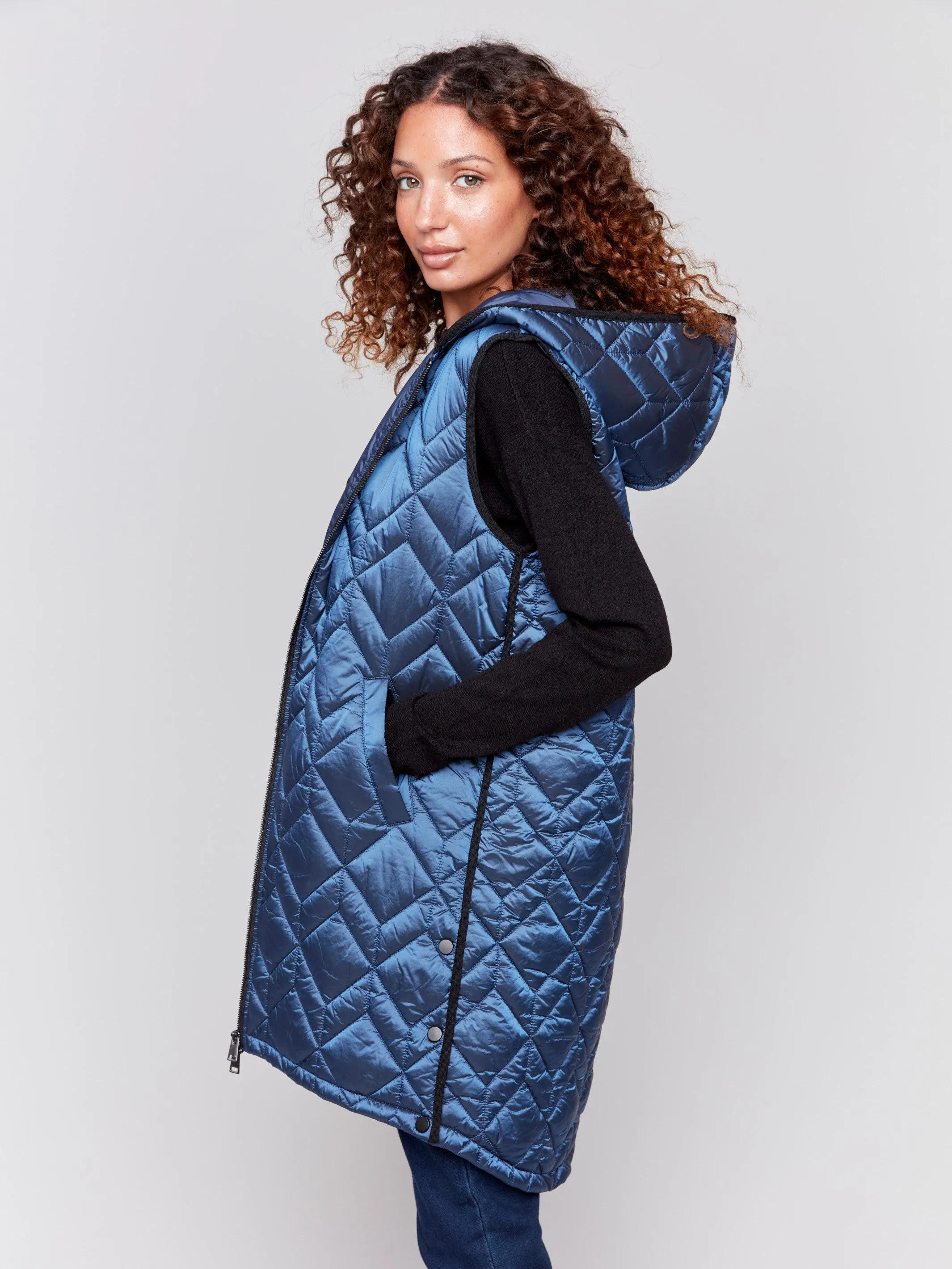 Long Quilted Puffer Vest with Hood - Glacier sold by Charlie B product image thumbnail 3