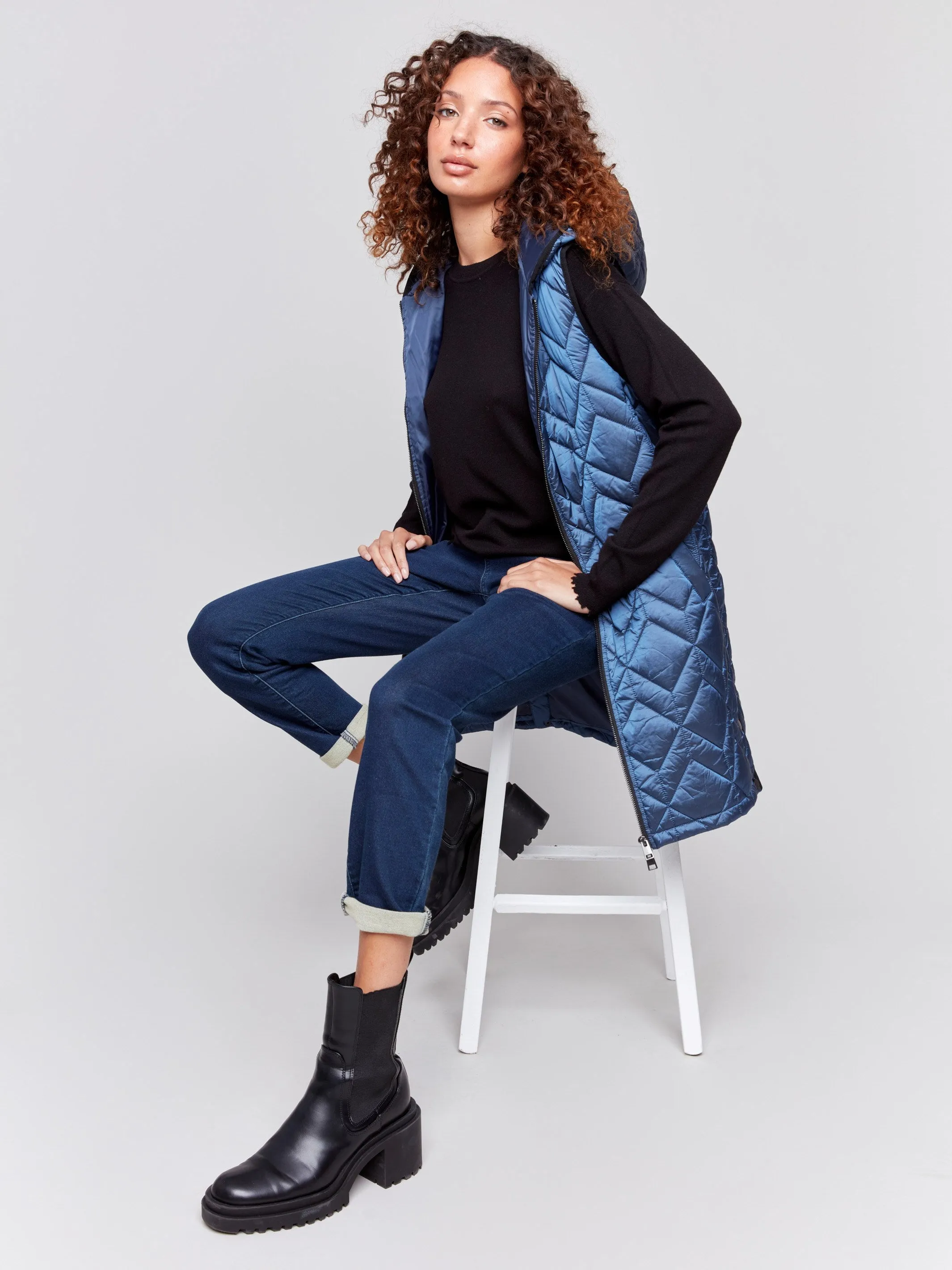 Long Quilted Puffer Vest with Hood - Glacier sold by Charlie B product image thumbnail 4