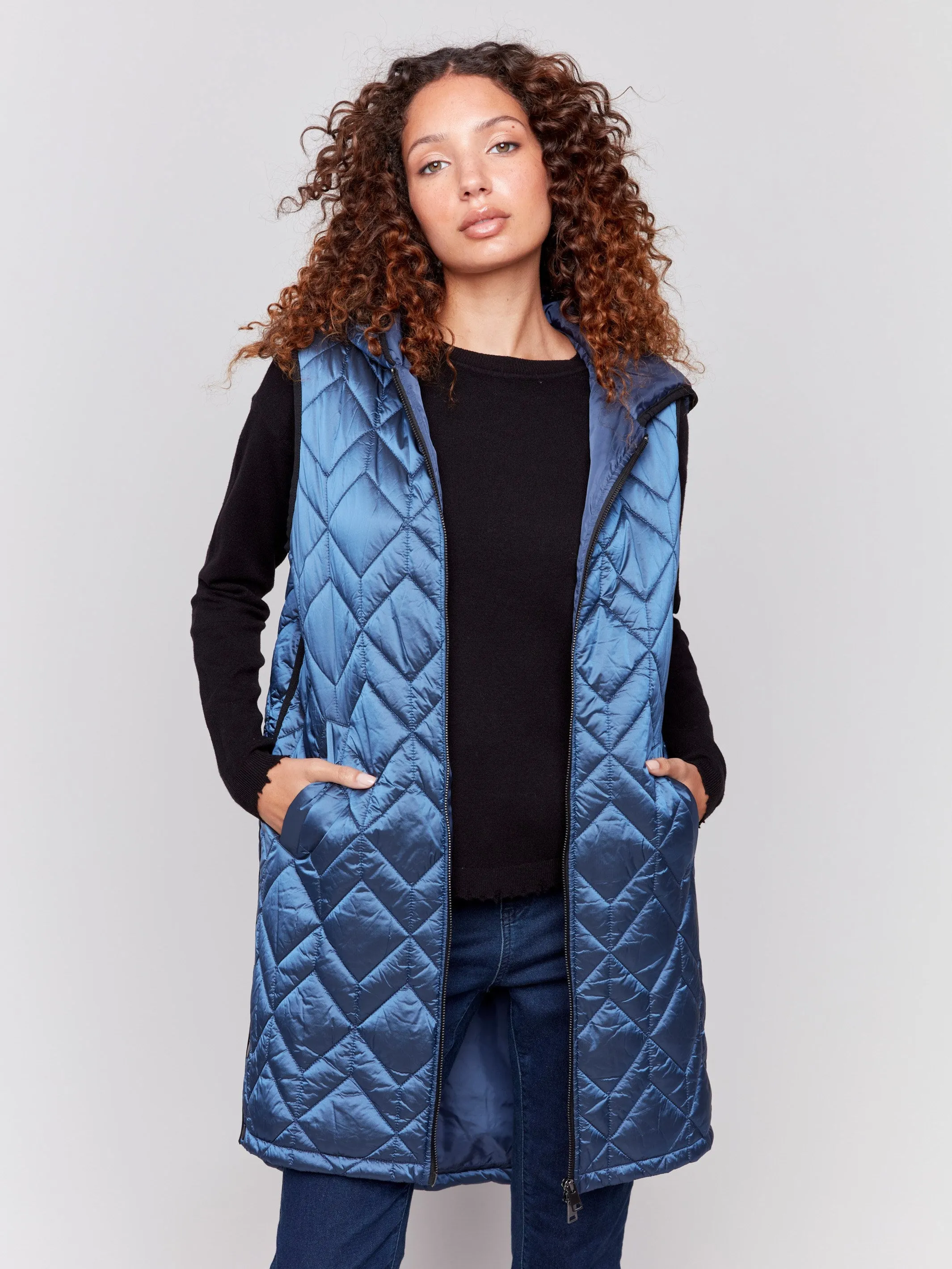 Long Quilted Puffer Vest with Hood - Glacier sold by Charlie B