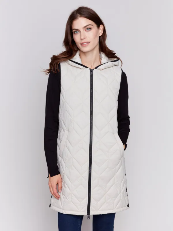 Long Quilted Puffer Vest with Hood - Almond sold by Charlie B