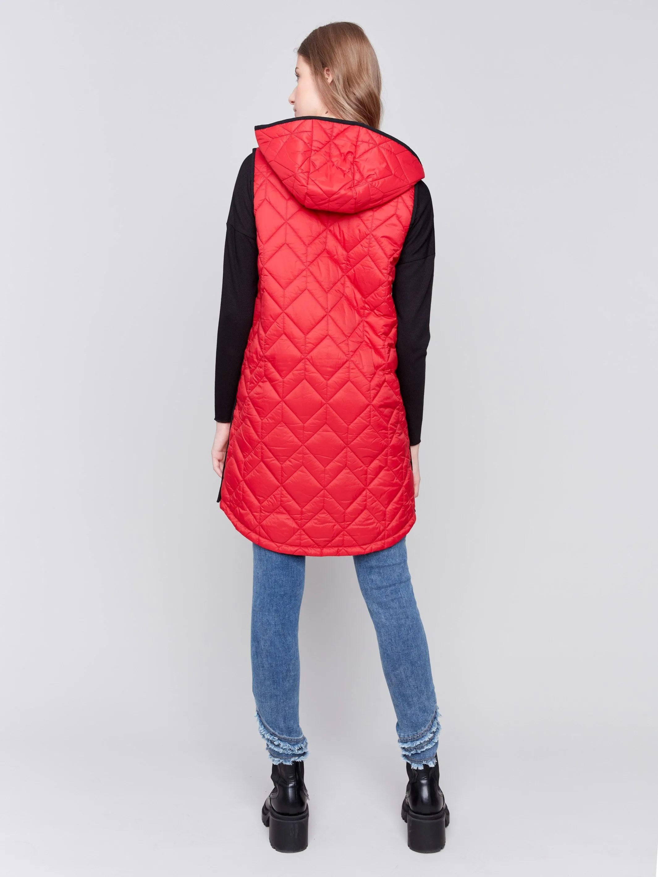 Long Quilted Puffer Vest with Hood - Cranberry sold by Charlie B product image thumbnail 4