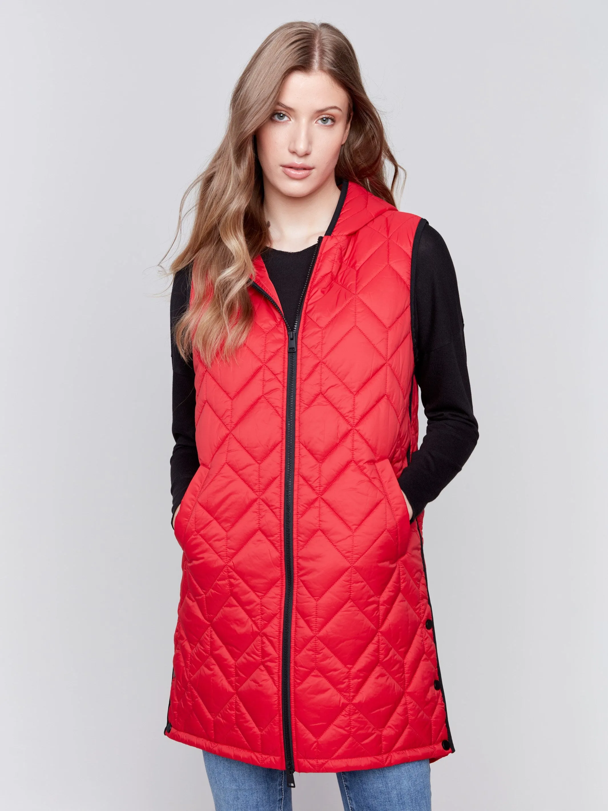 Long Quilted Puffer Vest with Hood - Cranberry sold by Charlie B