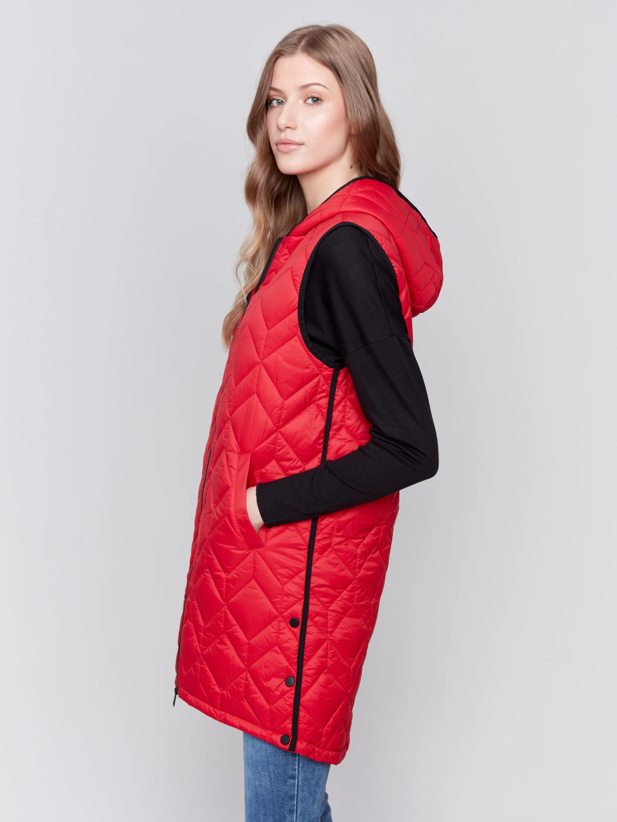Long Quilted Puffer Vest with Hood - Cranberry sold by Charlie B product image thumbnail 2