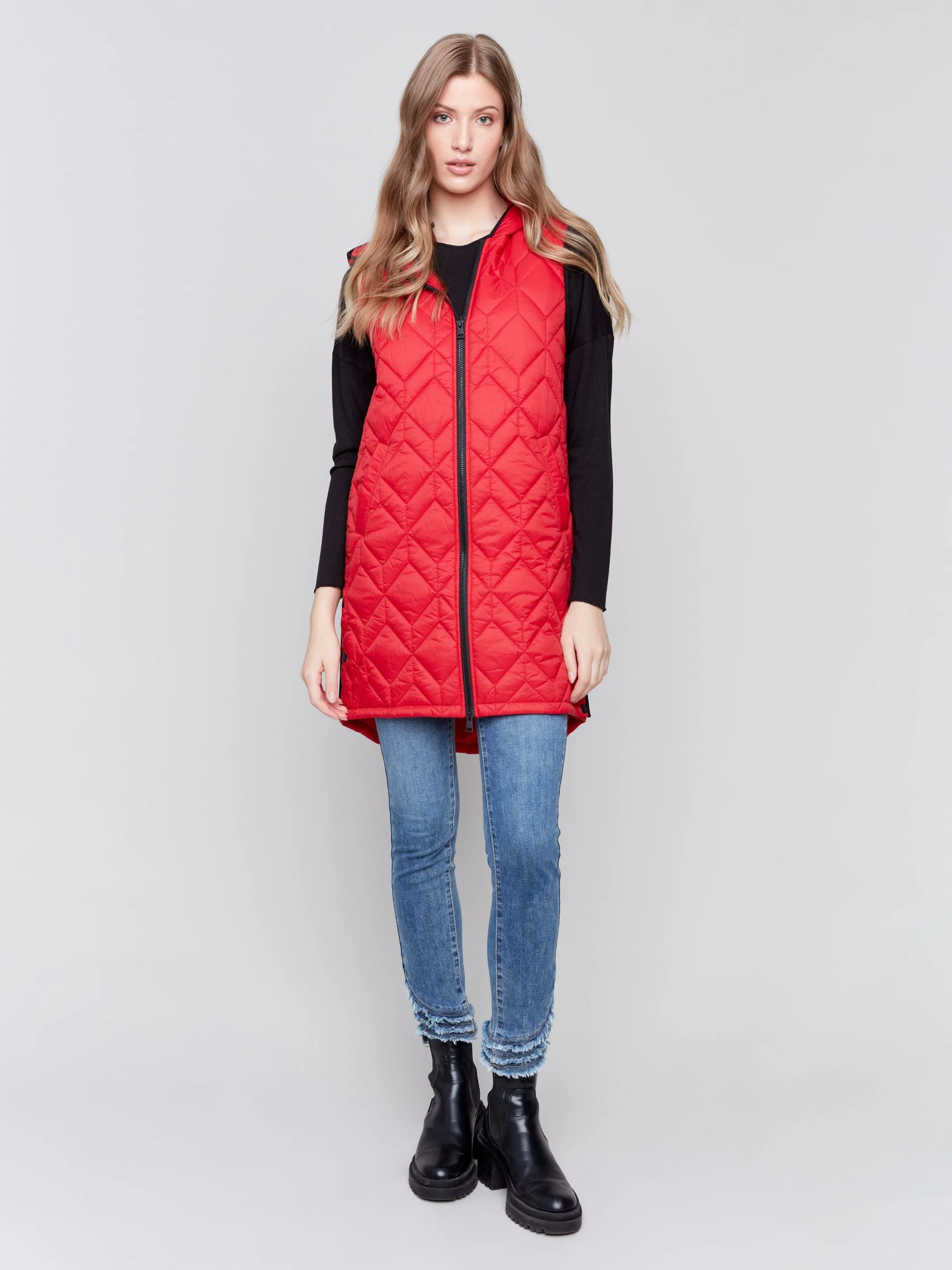 Long Quilted Puffer Vest with Hood - Cranberry sold by Charlie B product image thumbnail 3
