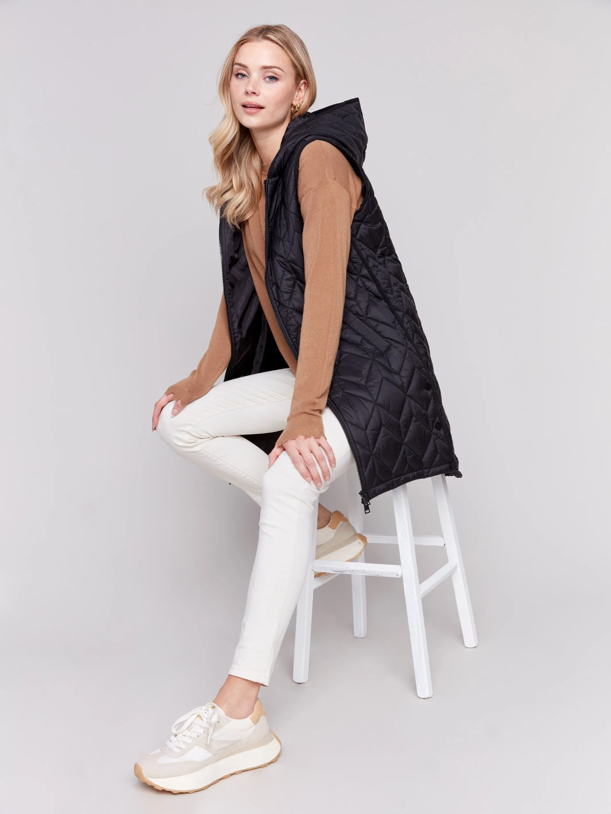 Long Quilted Puffer Vest with Hood - Black sold by Charlie B product image thumbnail 3