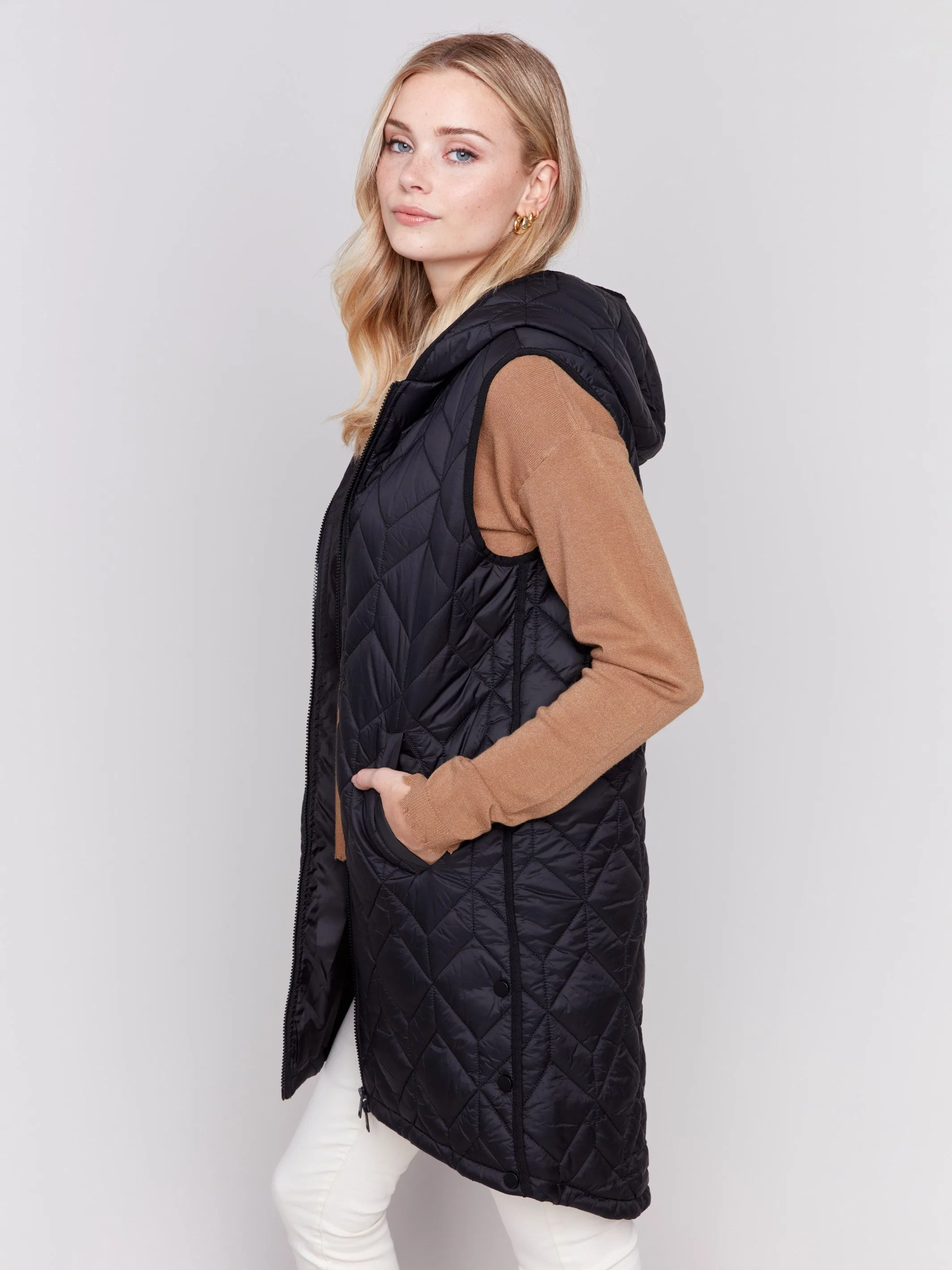 Long Quilted Puffer Vest with Hood - Black sold by Charlie B product image thumbnail 4