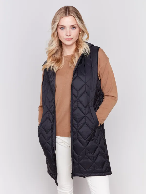 Long Quilted Puffer Vest with Hood - Black sold by Charlie B