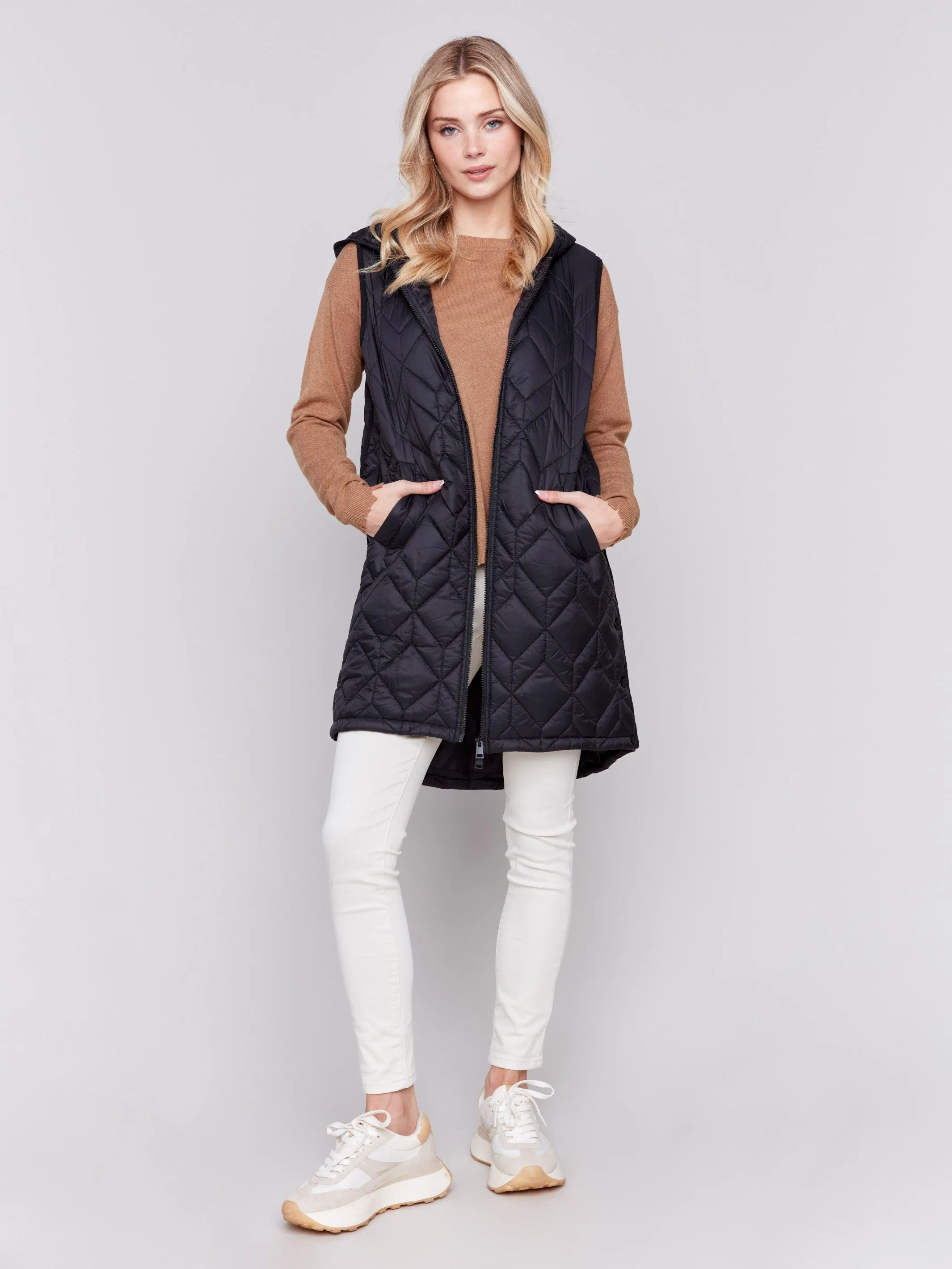 Long Quilted Puffer Vest with Hood - Black sold by Charlie B product image thumbnail 2