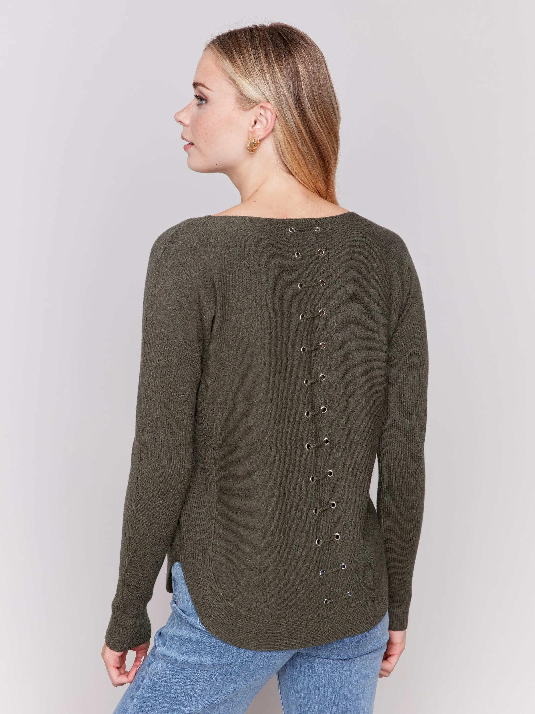 Knit Sweater With Back Detail Lace-Up - Spruce sold by Charlie B product image thumbnail 3