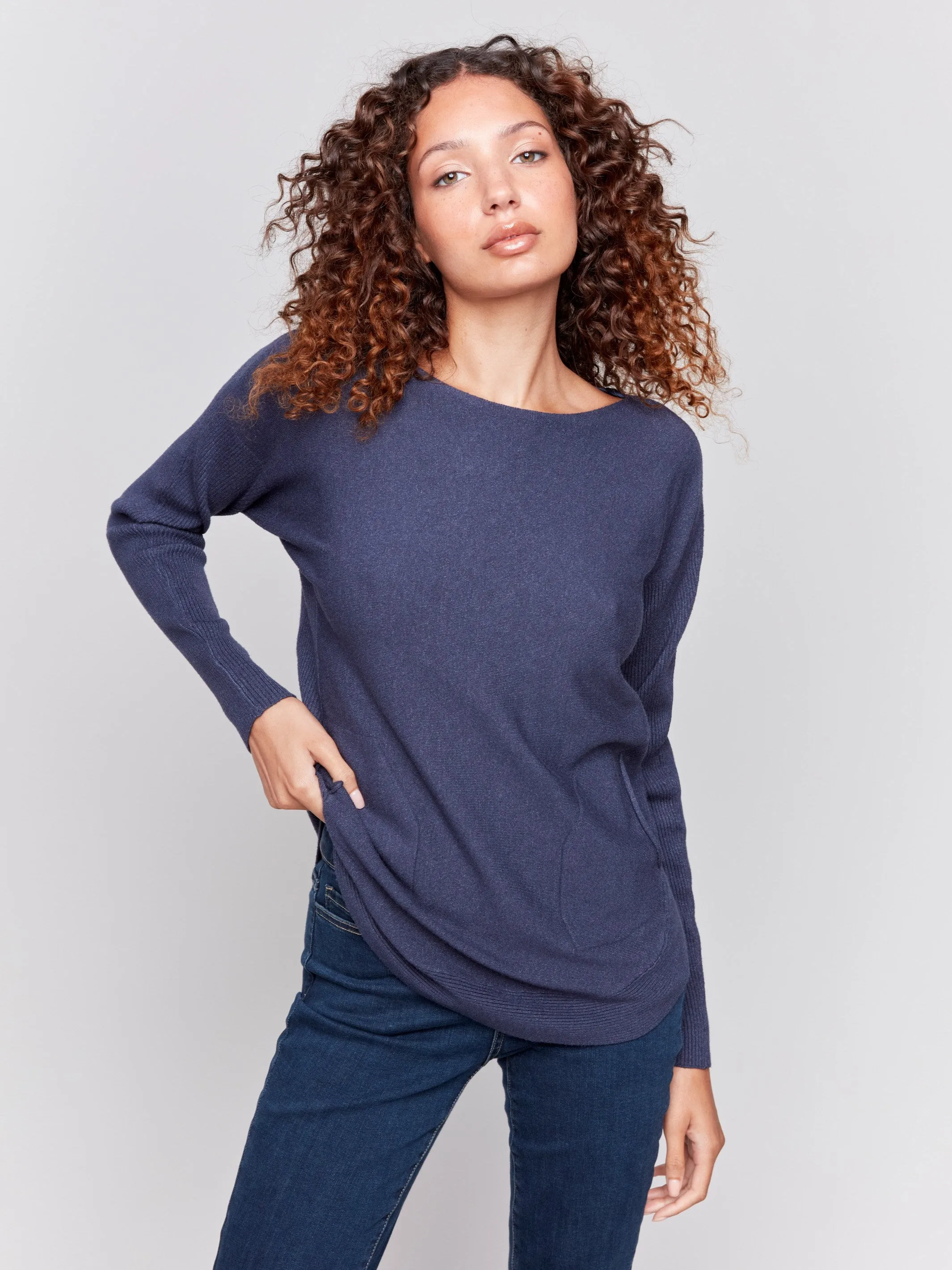 Knit Sweater With Back Detail Lace-Up - Denim sold by Charlie B product image thumbnail 5
