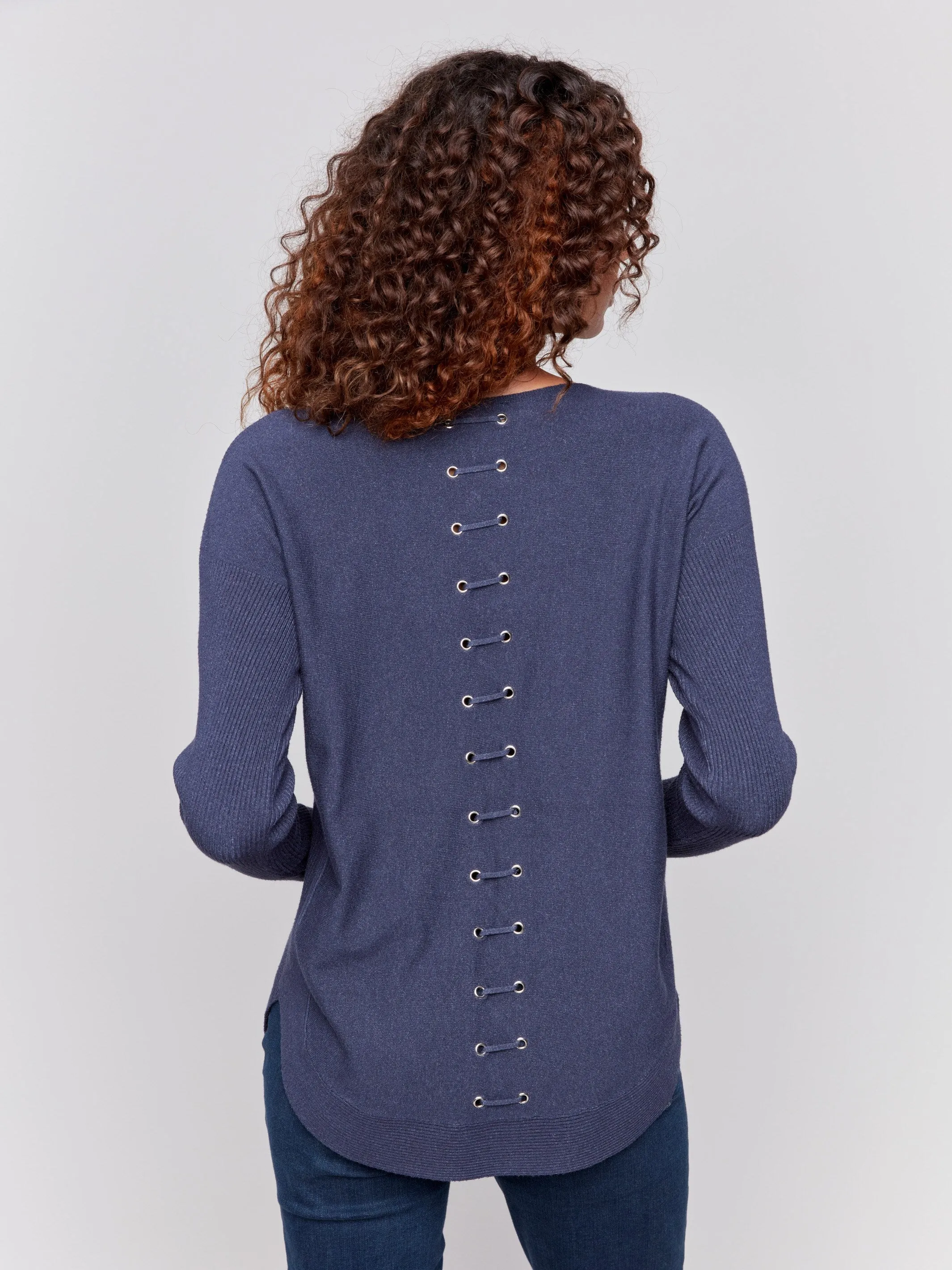Knit Sweater With Back Detail Lace-Up - Denim sold by Charlie B product image thumbnail 3
