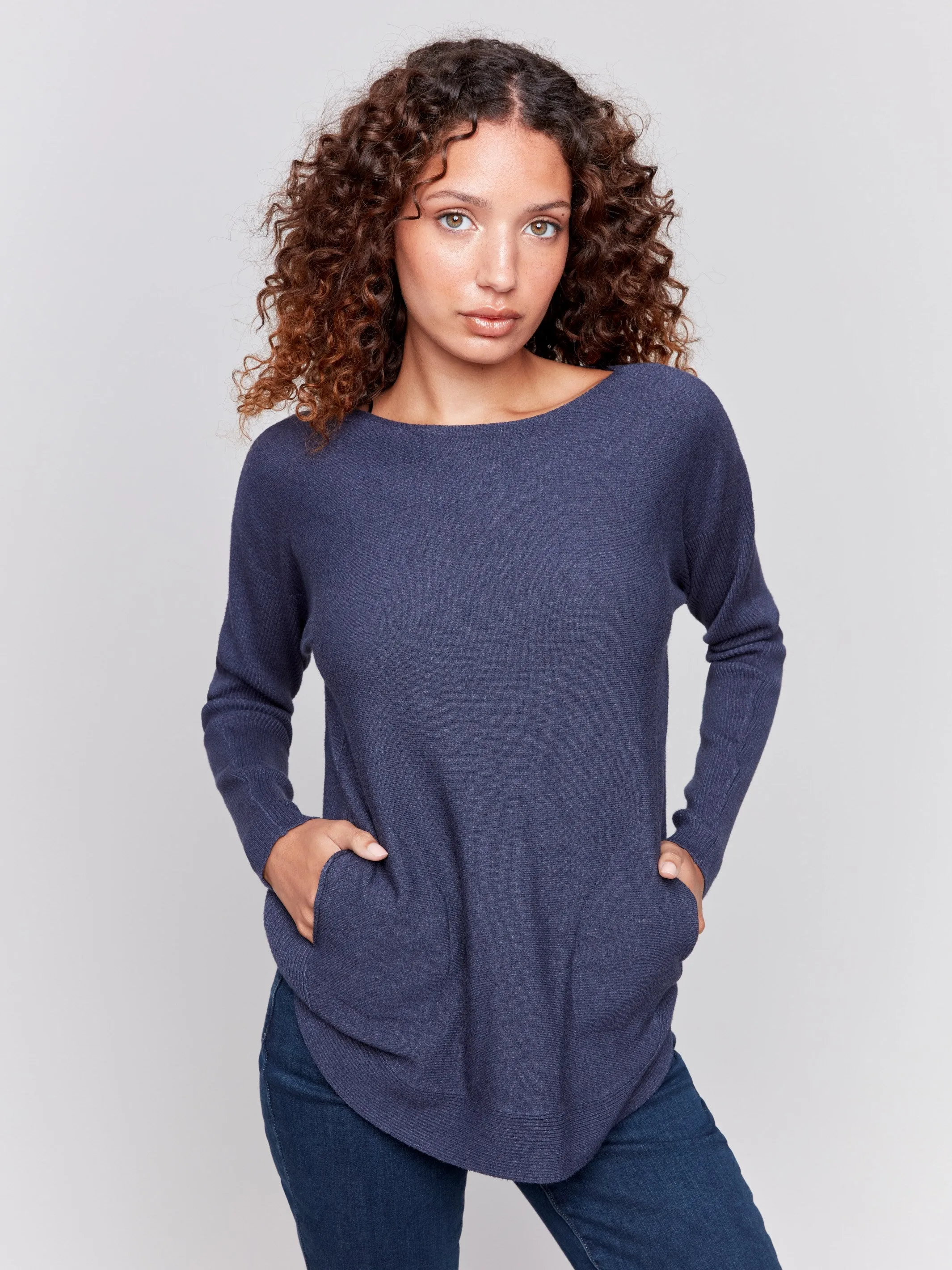 Knit Sweater With Back Detail Lace-Up - Denim sold by Charlie B