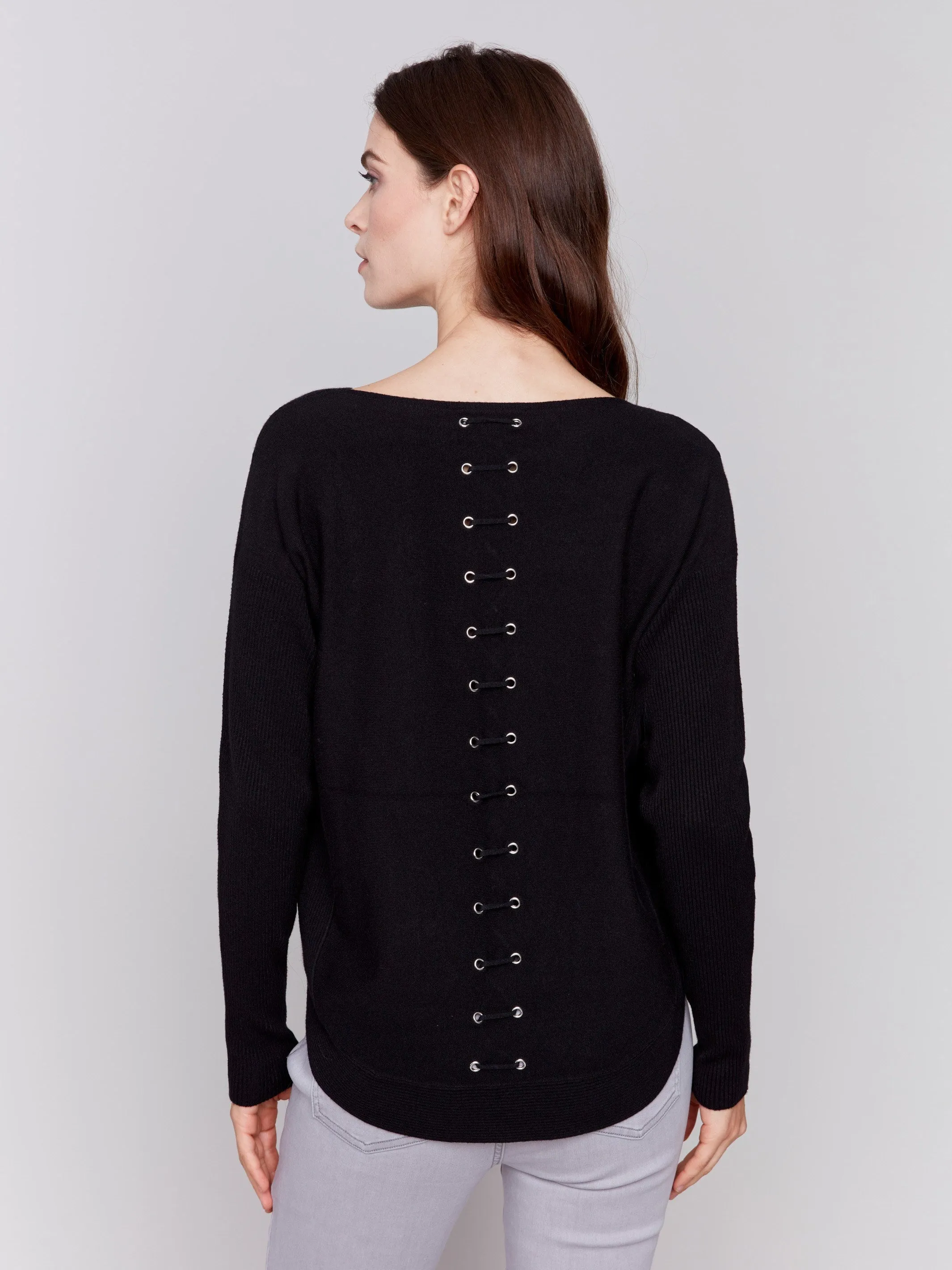 Knit Sweater with Back Detail Lace-Up - Black sold by Charlie B product image thumbnail 3