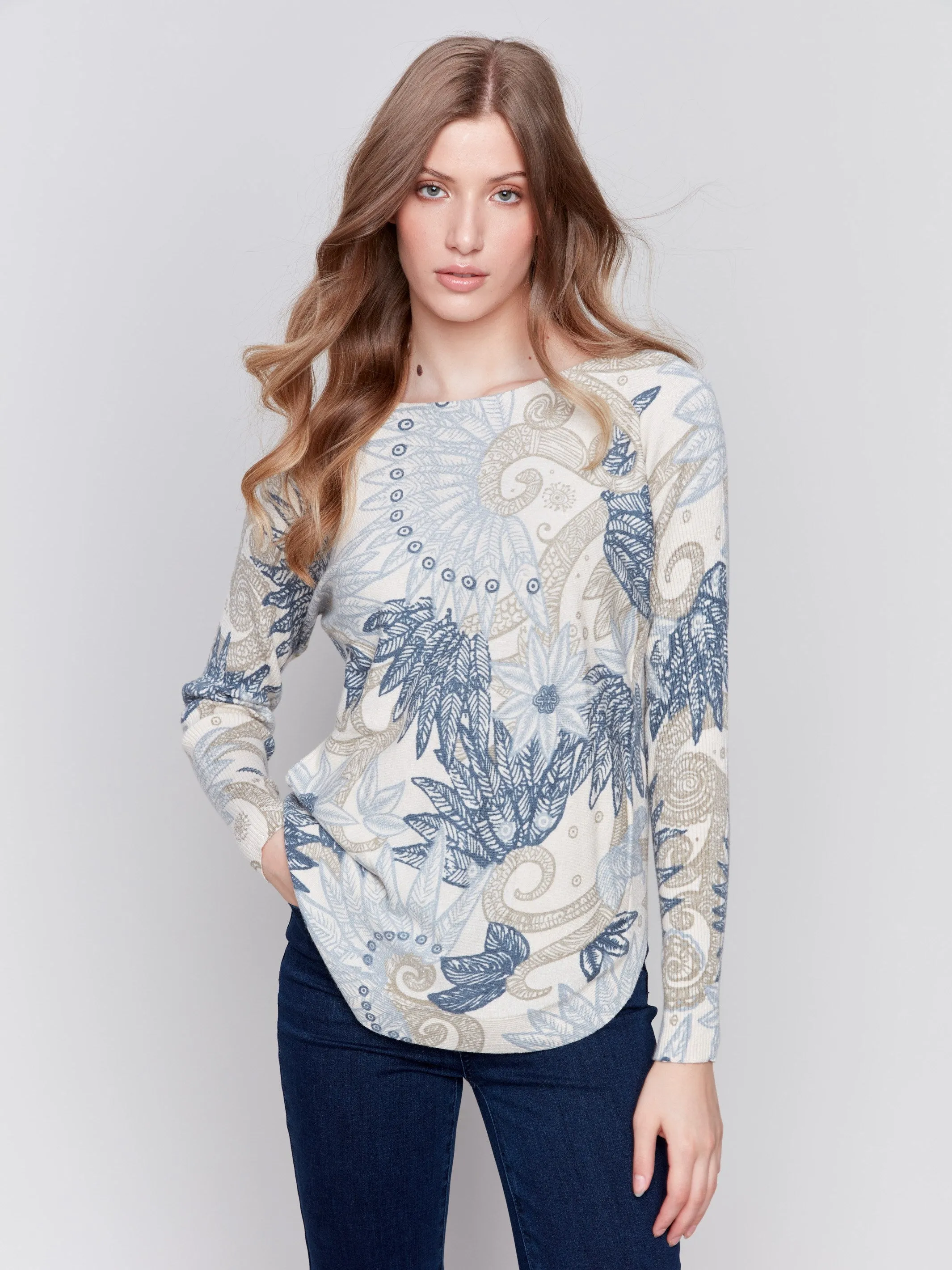 Printed Plush Knit Sweater - Feather sold by Charlie B product image thumbnail 5