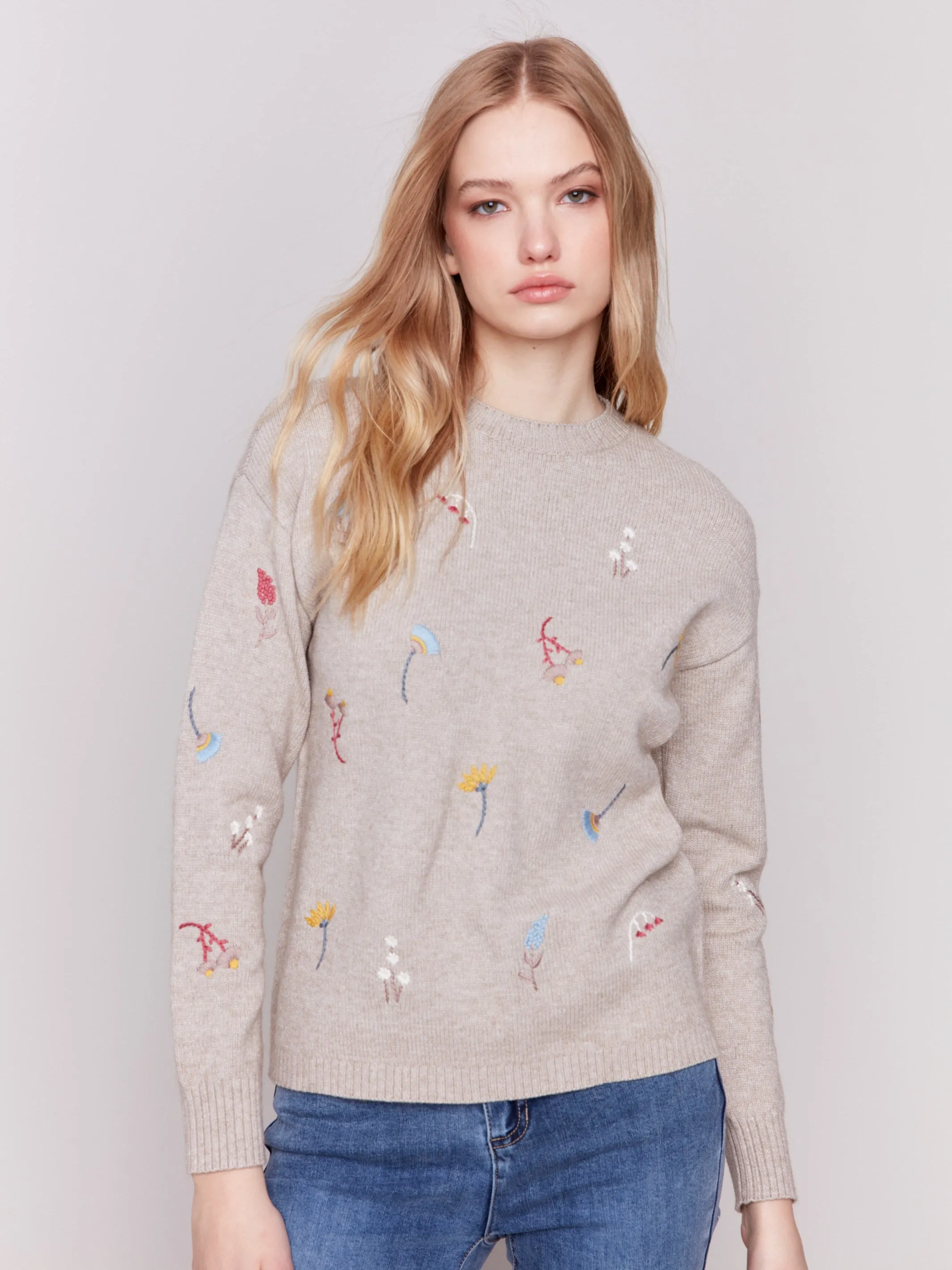 Embroidered Round Neck Sweater - Almond sold by Charlie B