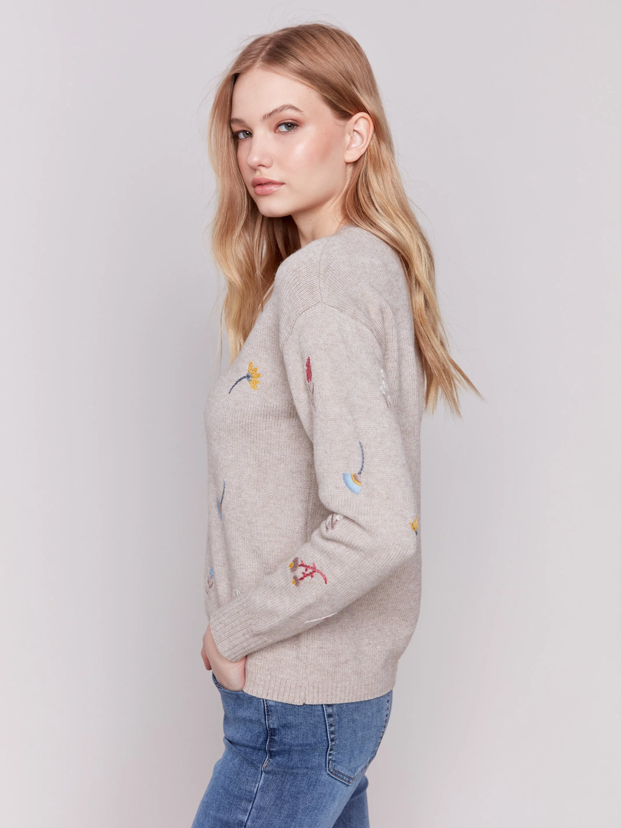 Embroidered Round Neck Sweater - Almond sold by Charlie B product image thumbnail 3
