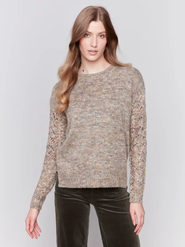 Fishnet Sleeve Crew Neck Sweater - Spruce sold by Charlie B