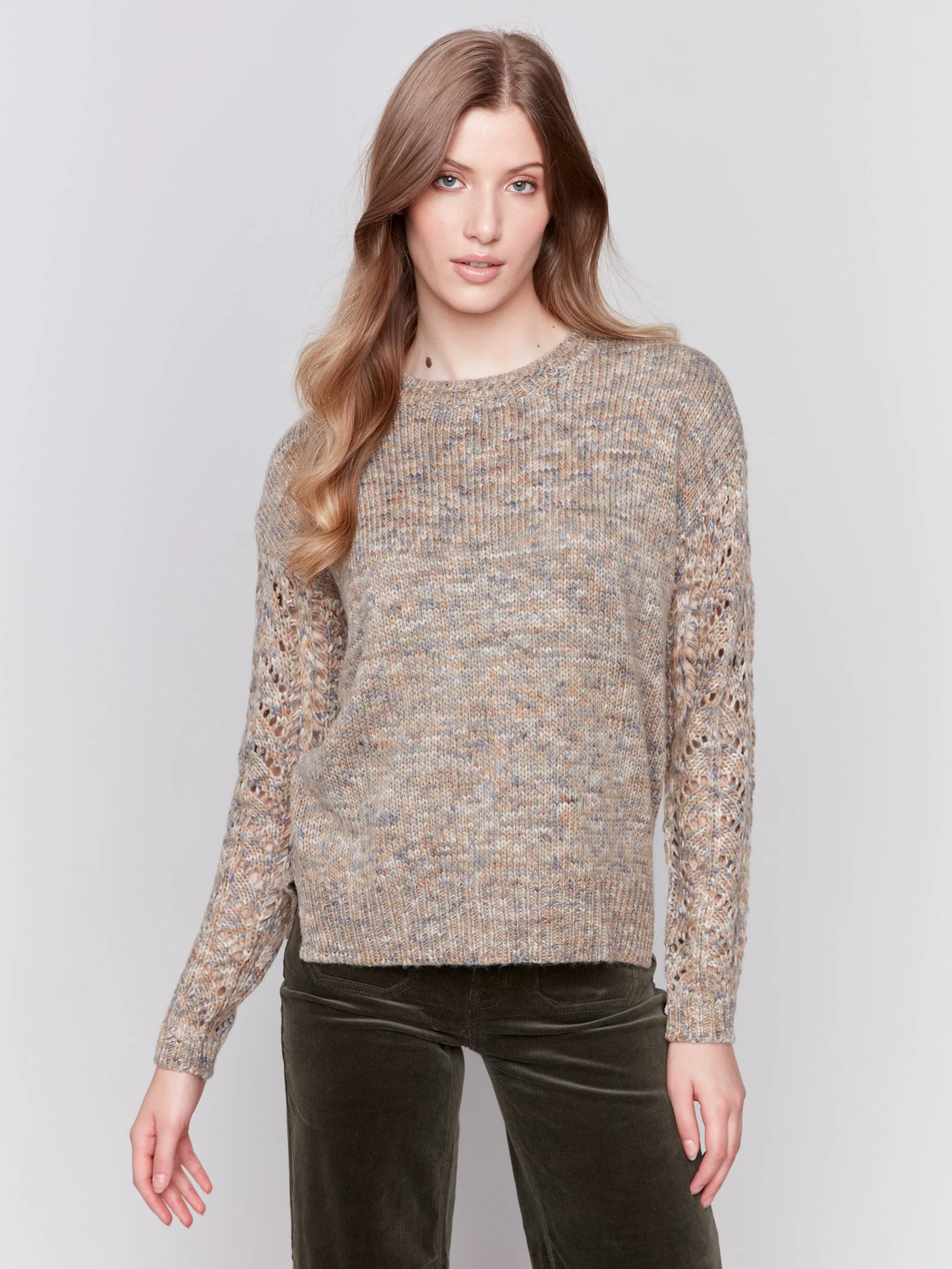 Fishnet Sleeve Crew Neck Sweater - Spruce sold by Charlie B