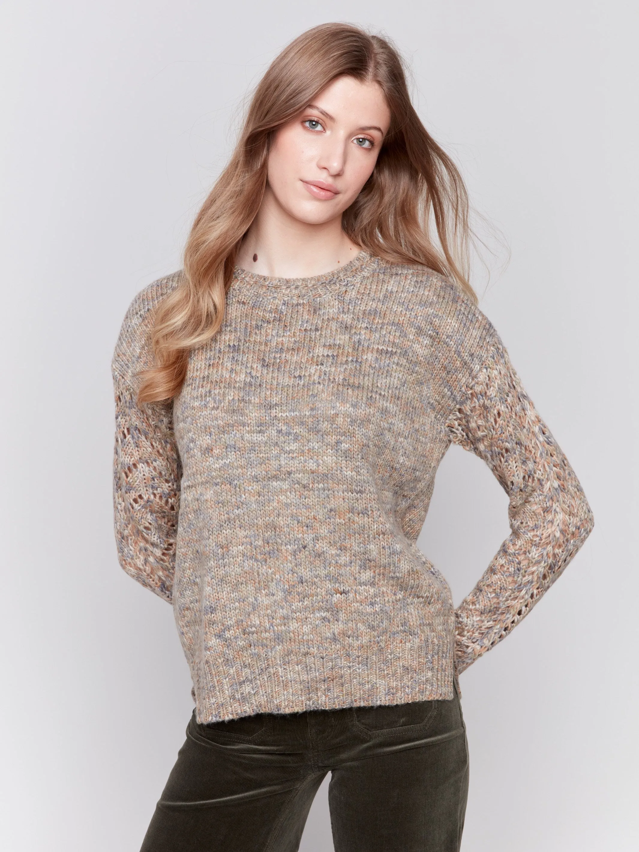 Fishnet Sleeve Crew Neck Sweater - Spruce sold by Charlie B product image thumbnail 5