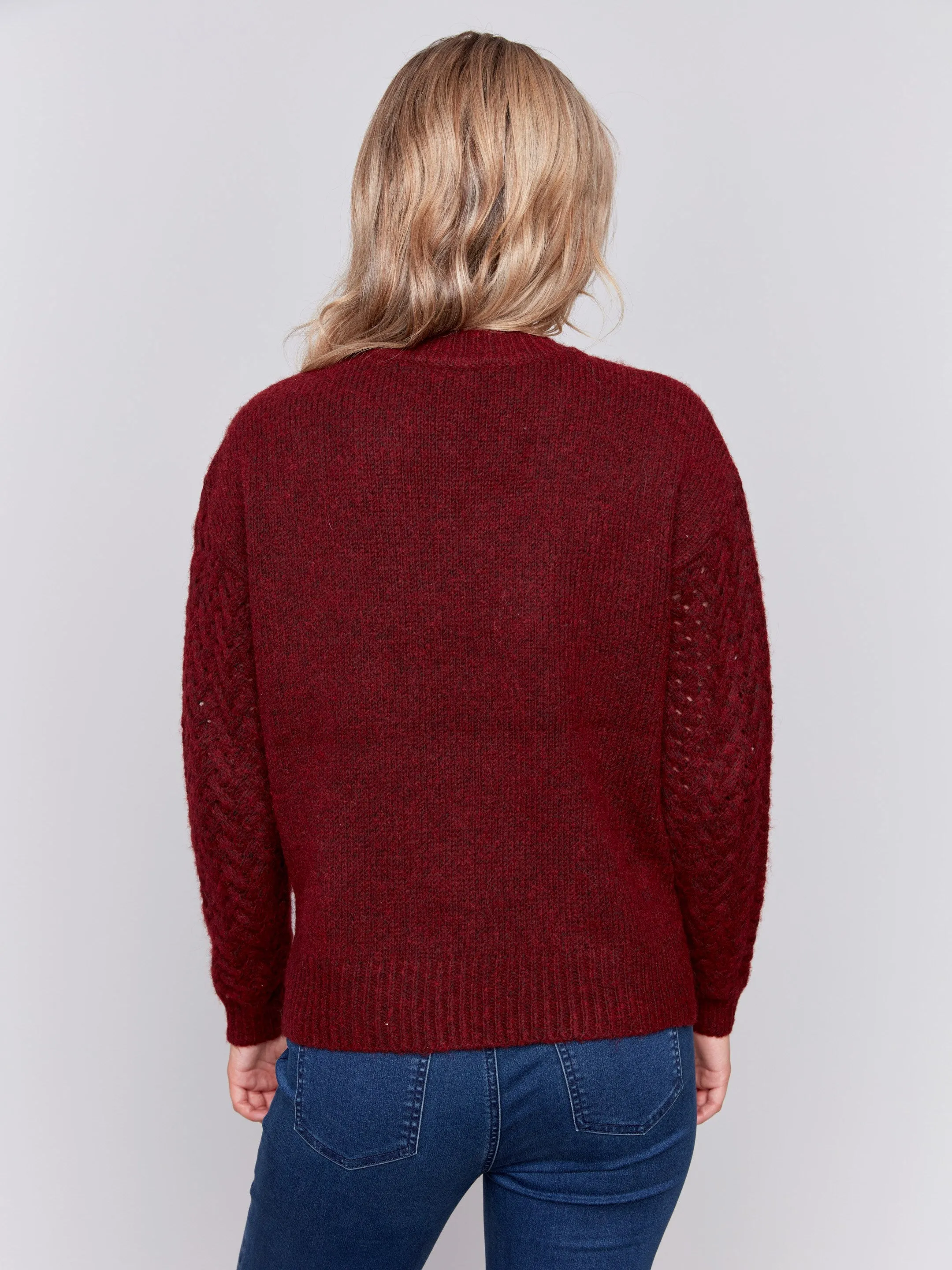 Fishnet Sleeve Crew Neck Sweater - Cabernet sold by Charlie B product image thumbnail 4