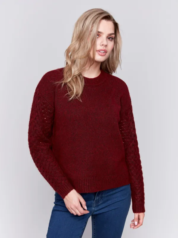 Fishnet Sleeve Crew Neck Sweater - Cabernet sold by Charlie B