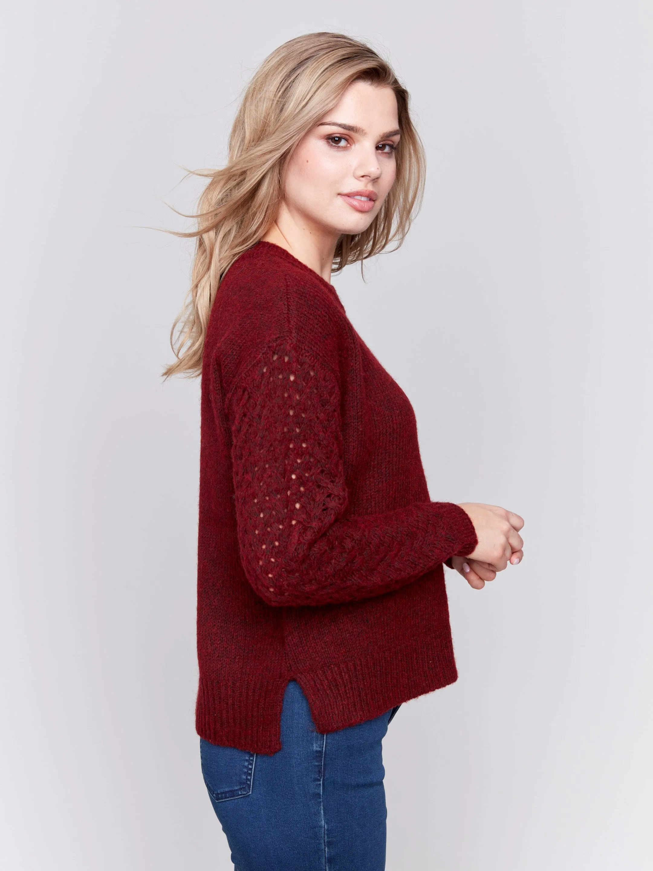 Fishnet Sleeve Crew Neck Sweater - Cabernet sold by Charlie B product image thumbnail 2