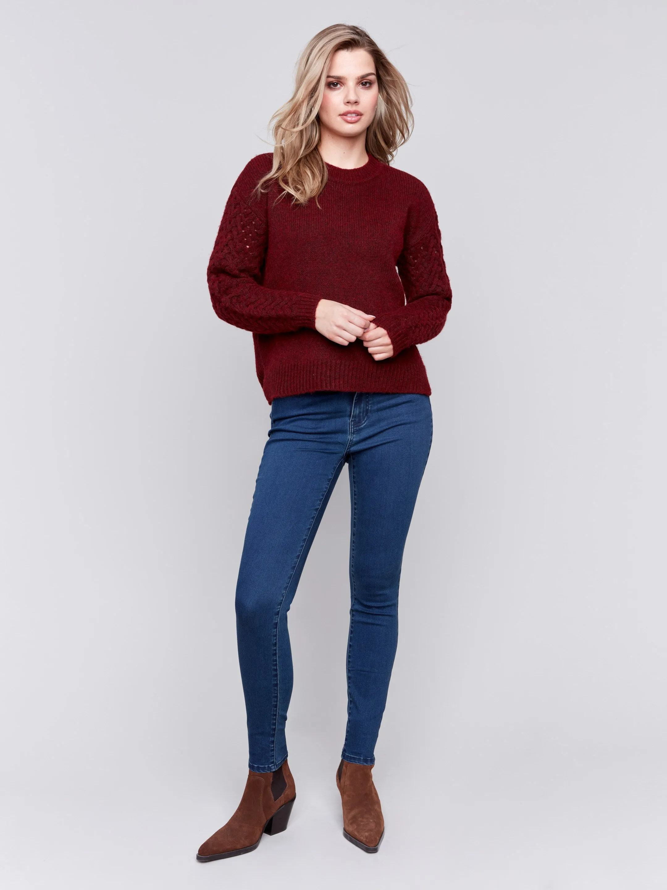 Fishnet Sleeve Crew Neck Sweater - Cabernet sold by Charlie B product image thumbnail 3