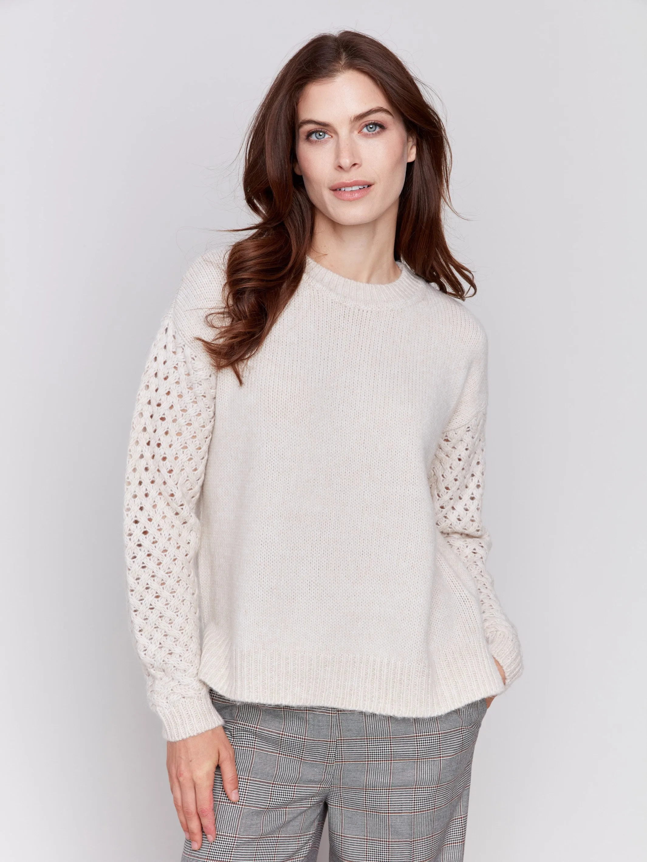 Fishnet Sleeve Crew Neck Sweater - Almond sold by Charlie B
