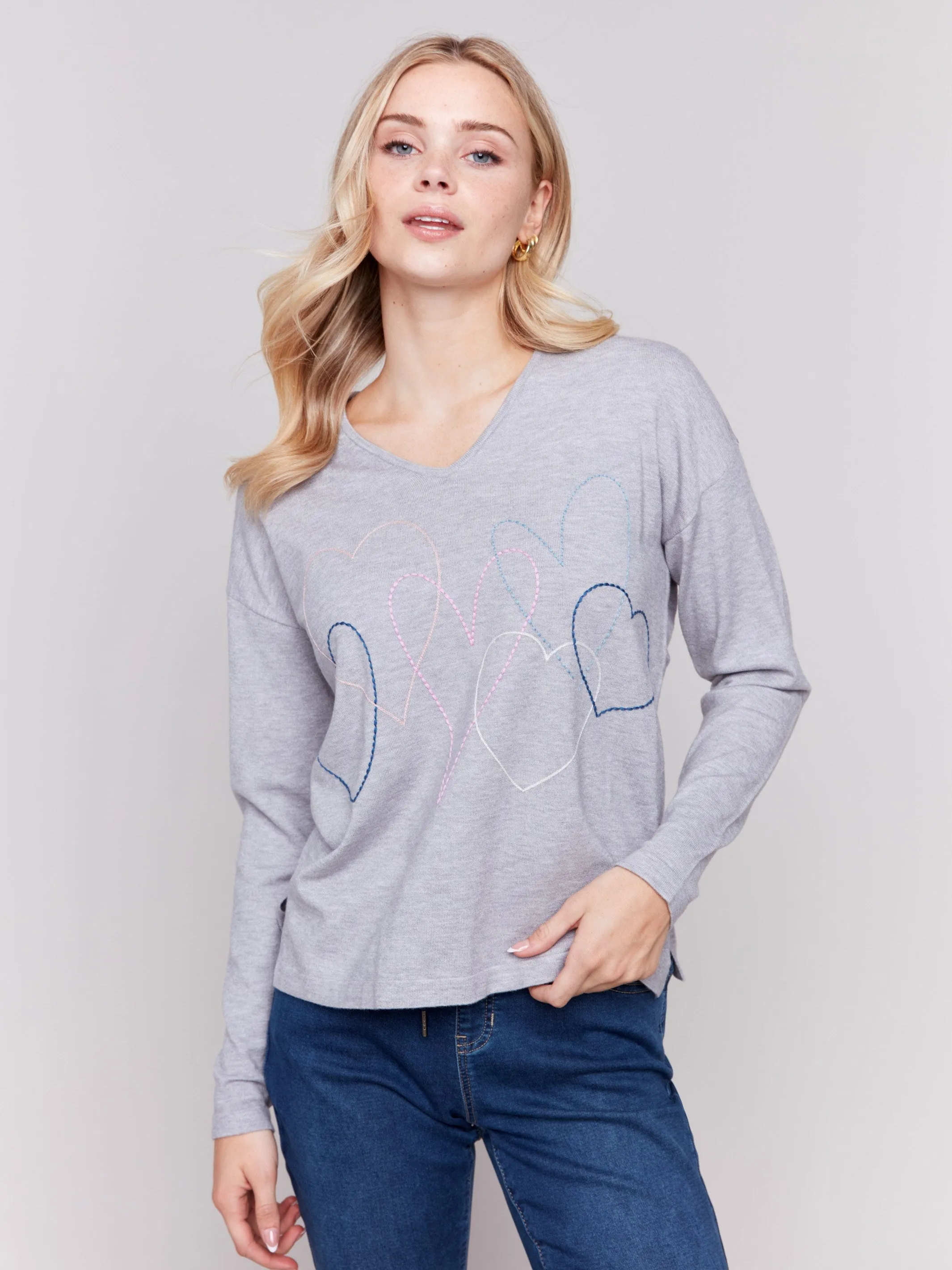 Heart Stitch V-Neck Sweater - Grey sold by Charlie B product image thumbnail 5