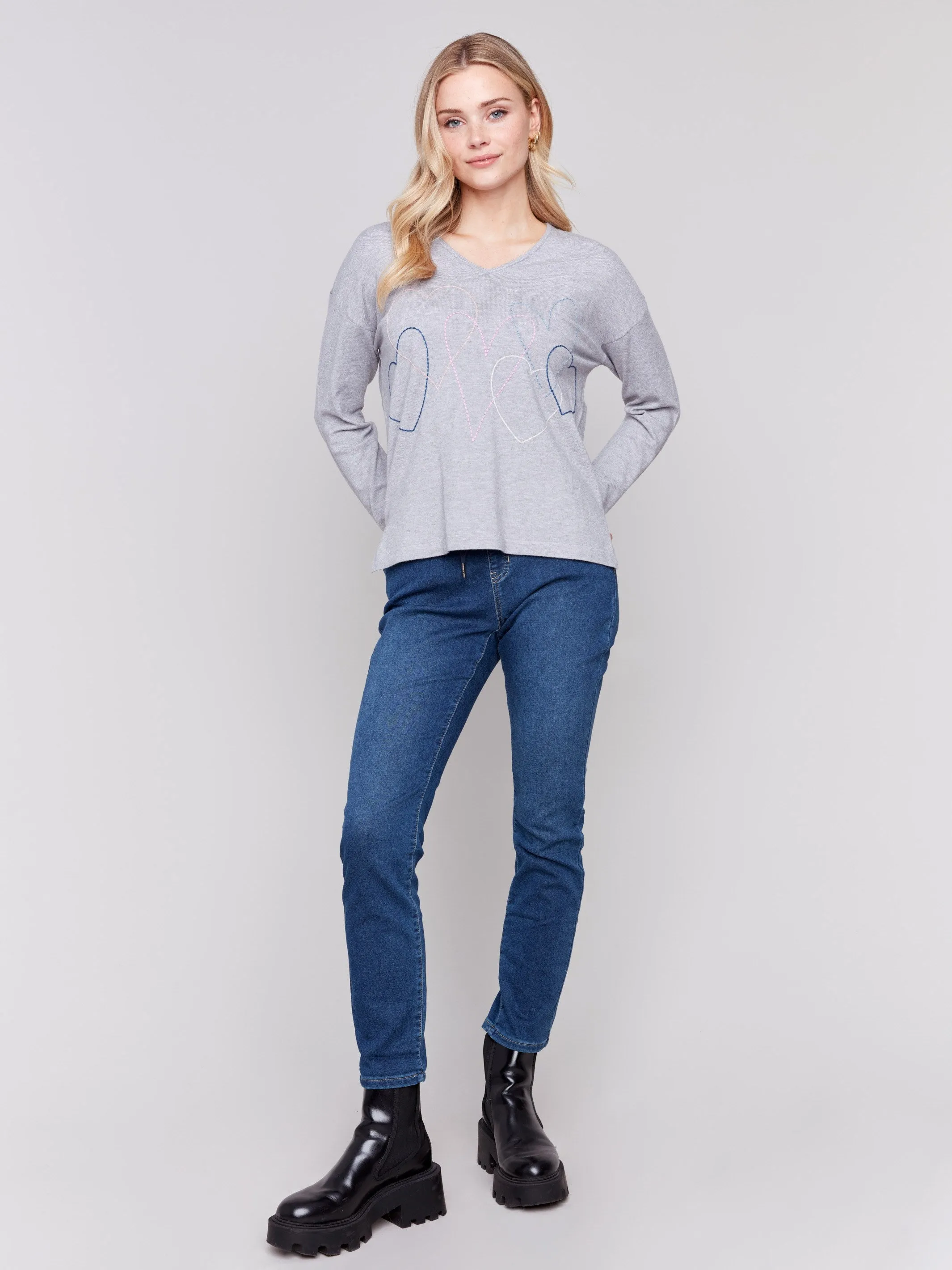 Heart Stitch V-Neck Sweater - Grey sold by Charlie B product image thumbnail 4