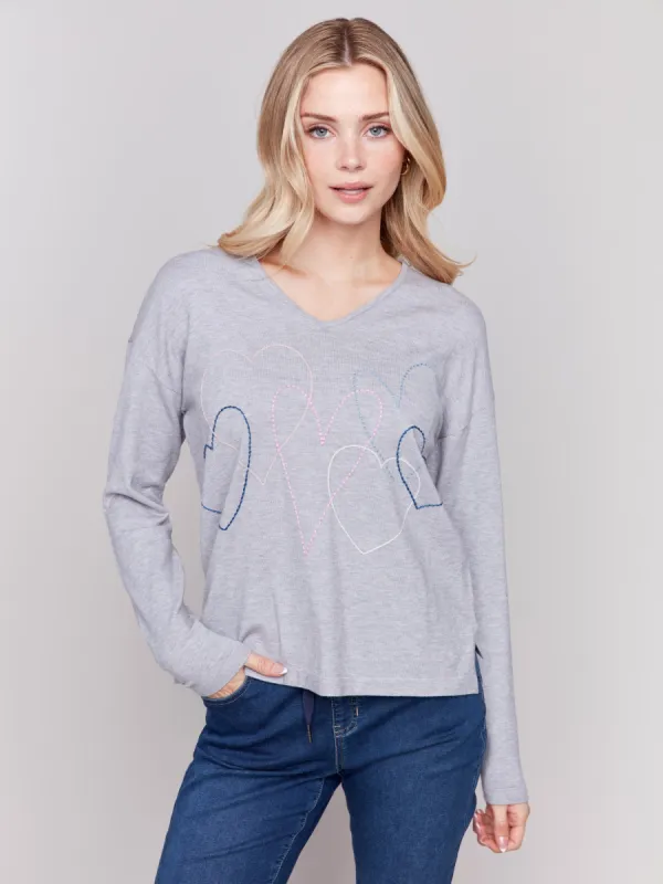 Heart Stitch V-Neck Sweater - Grey sold by Charlie B