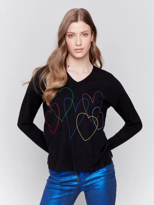 Heart Stitch V-Neck Sweater - Black sold by Charlie B