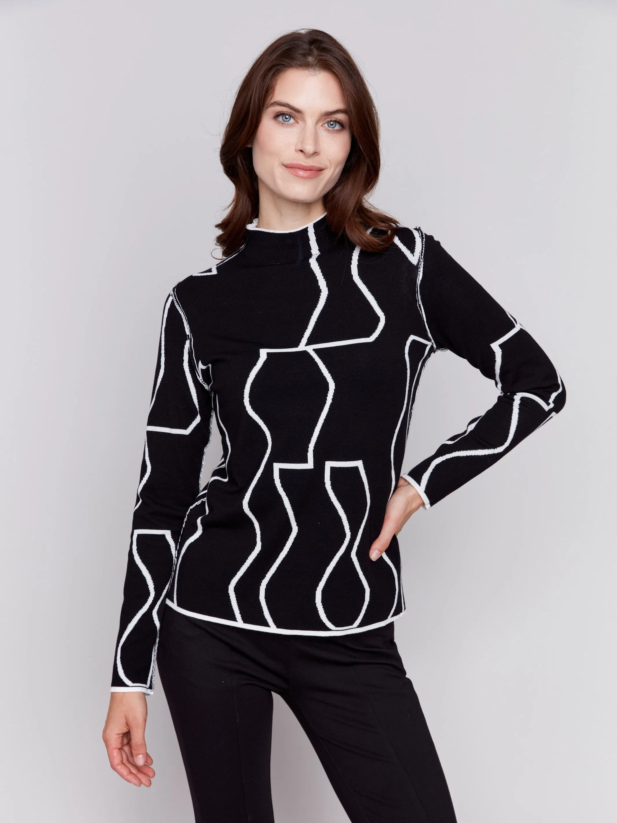 Reversible Jacquard Mock Neck Sweater - Black & Cream sold by Charlie B product image thumbnail 2