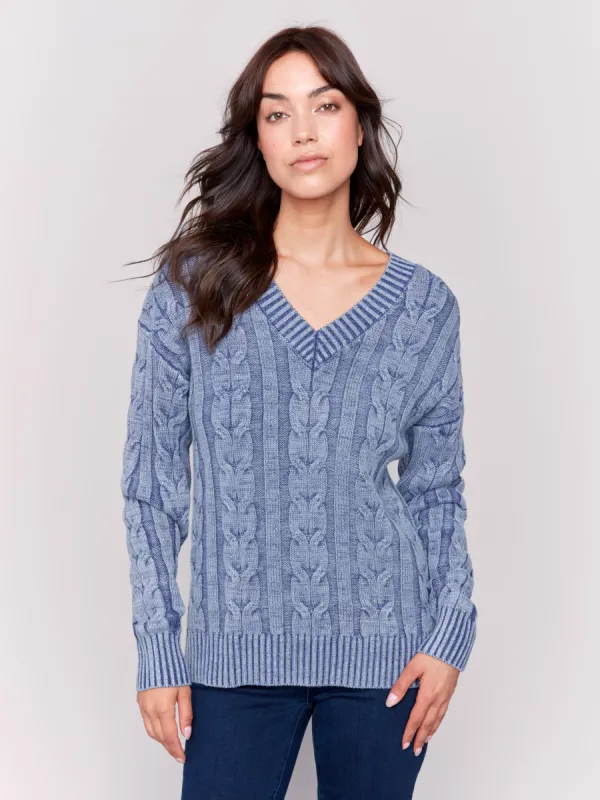 V-Neck Cable Knit Sweater - Denim sold by Charlie B