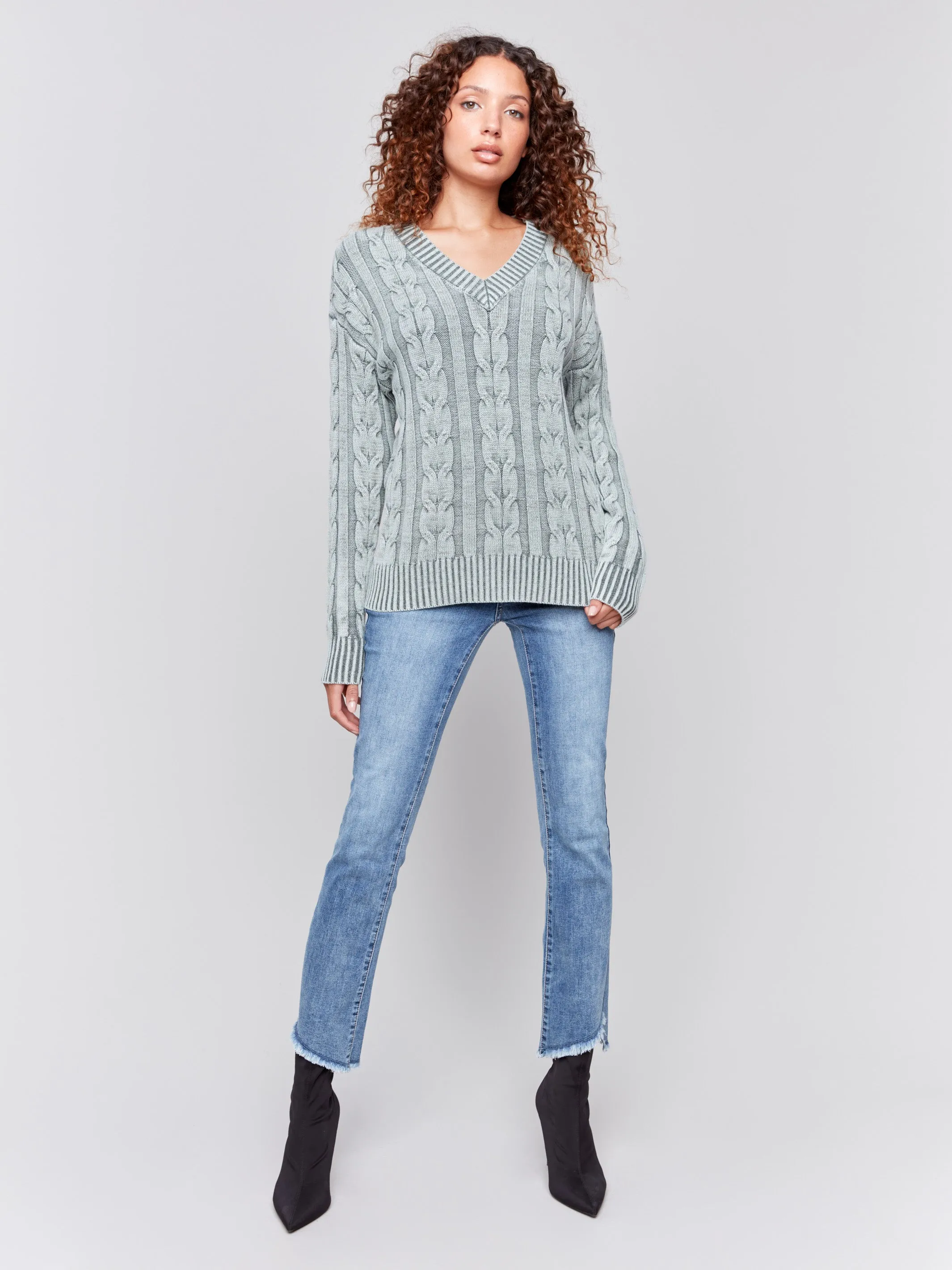 V-Neck Cable Knit Sweater - Spruce sold by Charlie B product image thumbnail 5