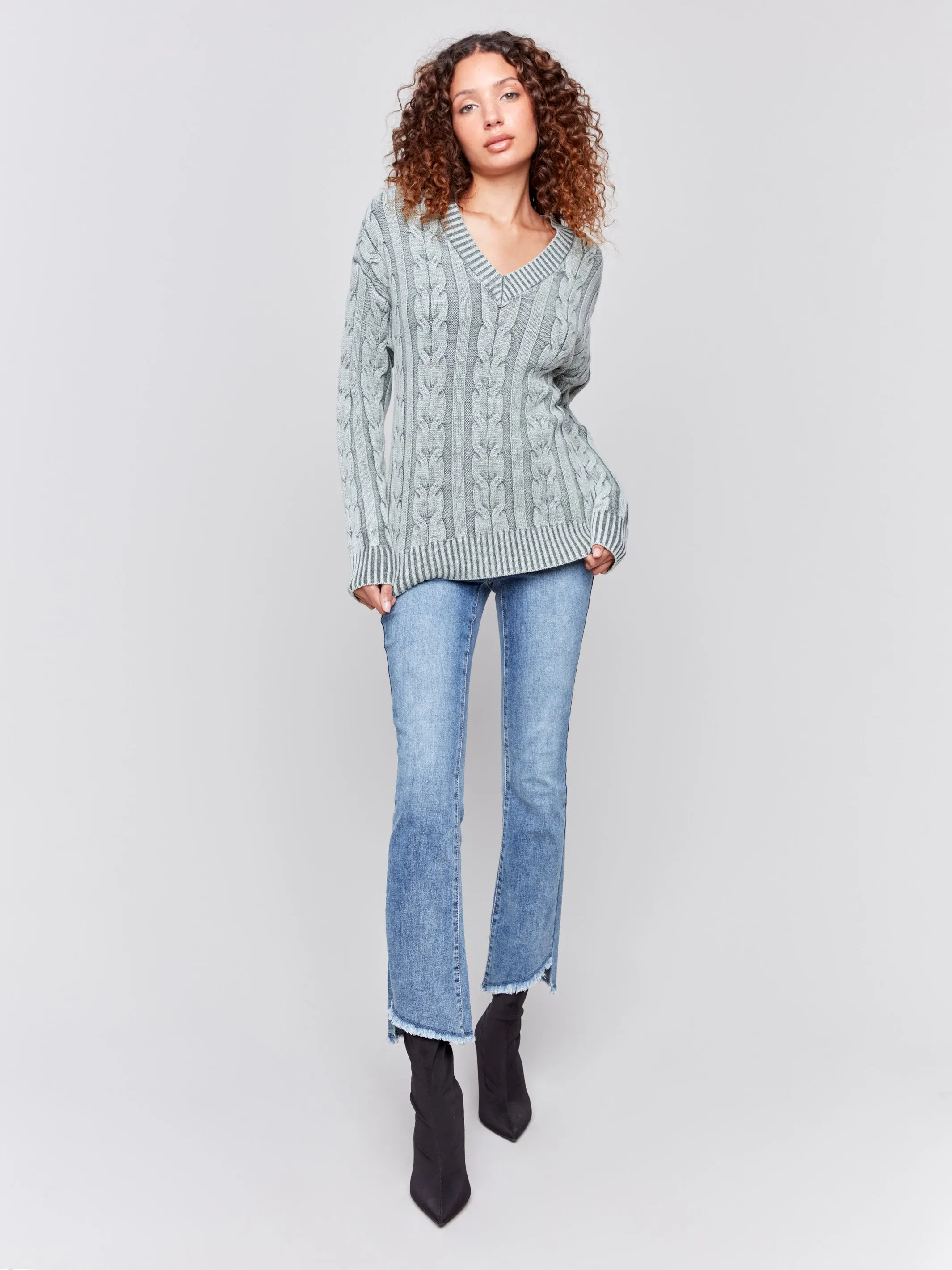 V-Neck Cable Knit Sweater - Spruce sold by Charlie B product image thumbnail 2