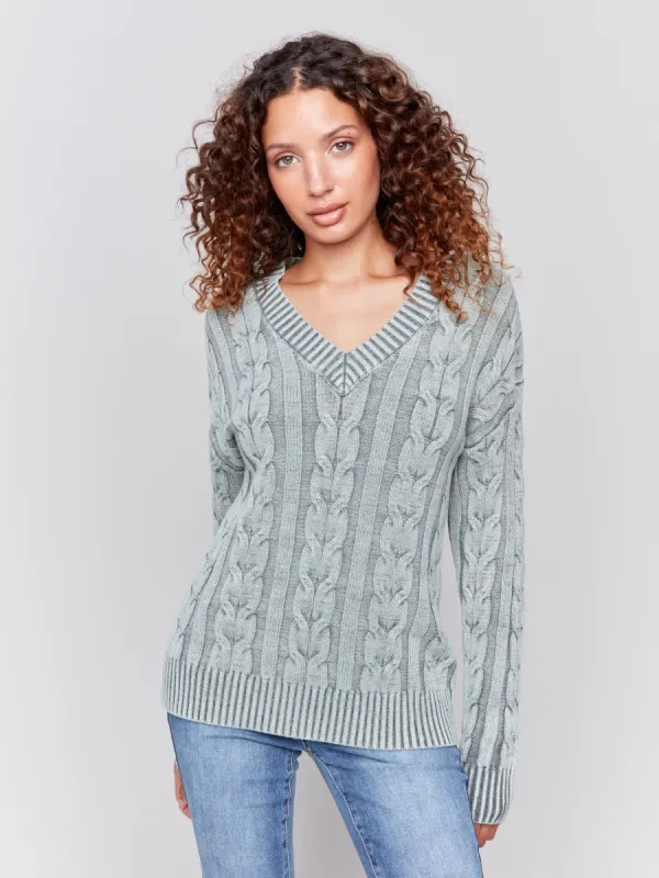 V-Neck Cable Knit Sweater - Spruce sold by Charlie B