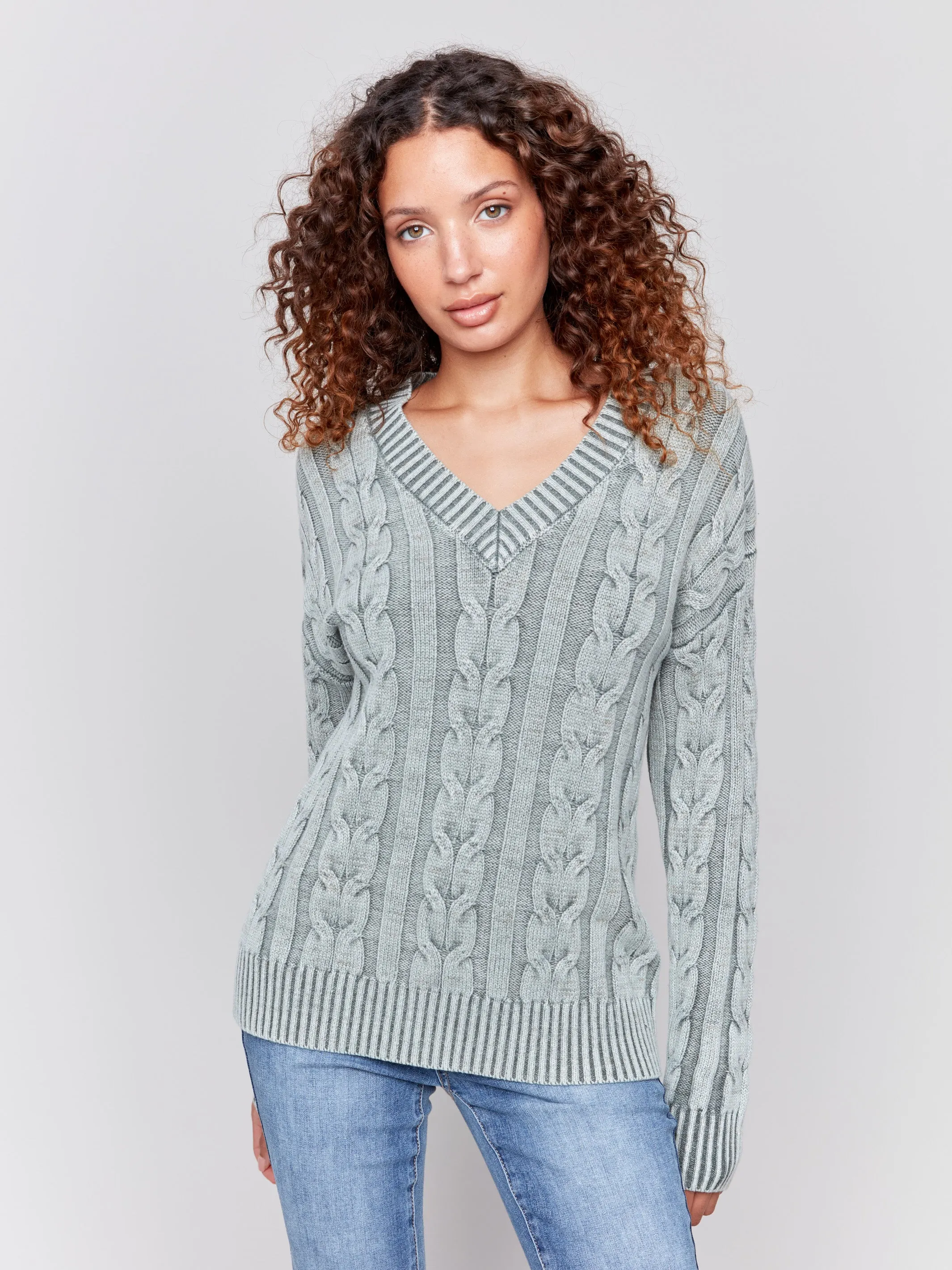 V-Neck Cable Knit Sweater - Spruce sold by Charlie B