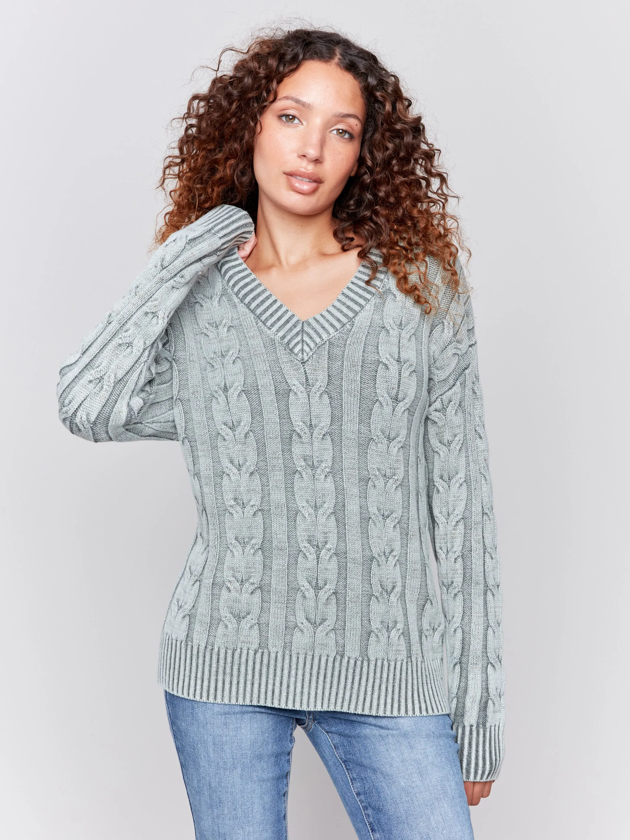 V-Neck Cable Knit Sweater - Spruce sold by Charlie B product image thumbnail 3