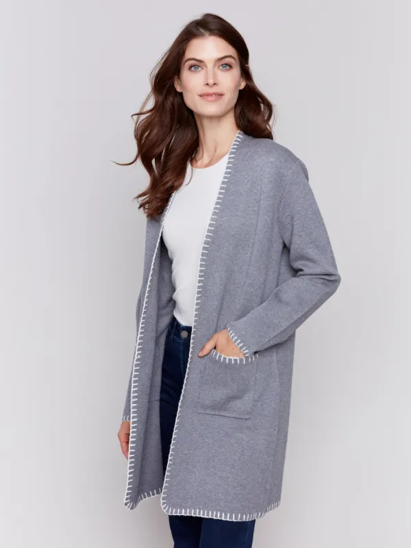 Blanket Stitch Long Cardigan - Grey sold by Charlie B