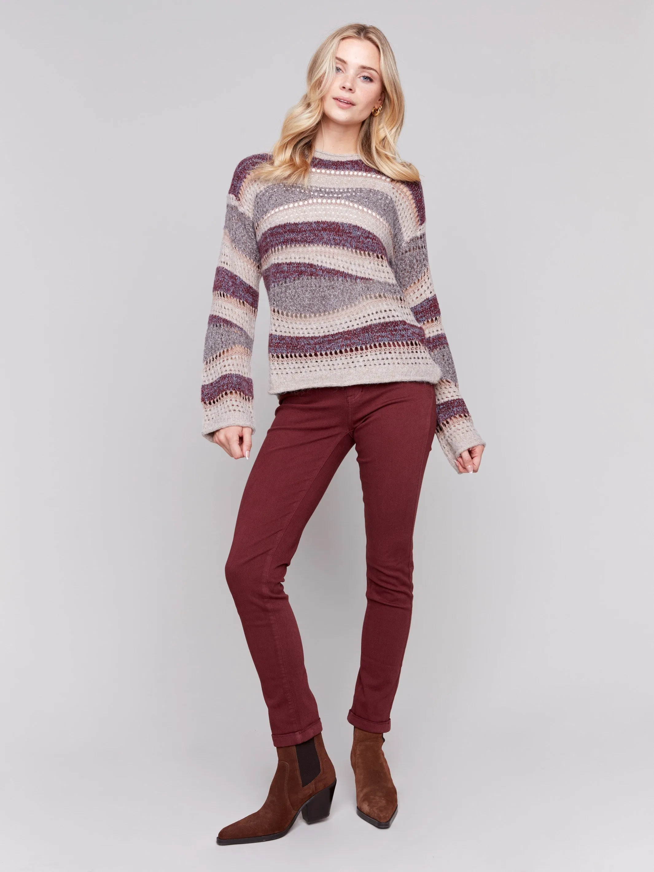 Patchwork Knit Drop Shoulder Sweater - Cabernet sold by Charlie B product image thumbnail 4