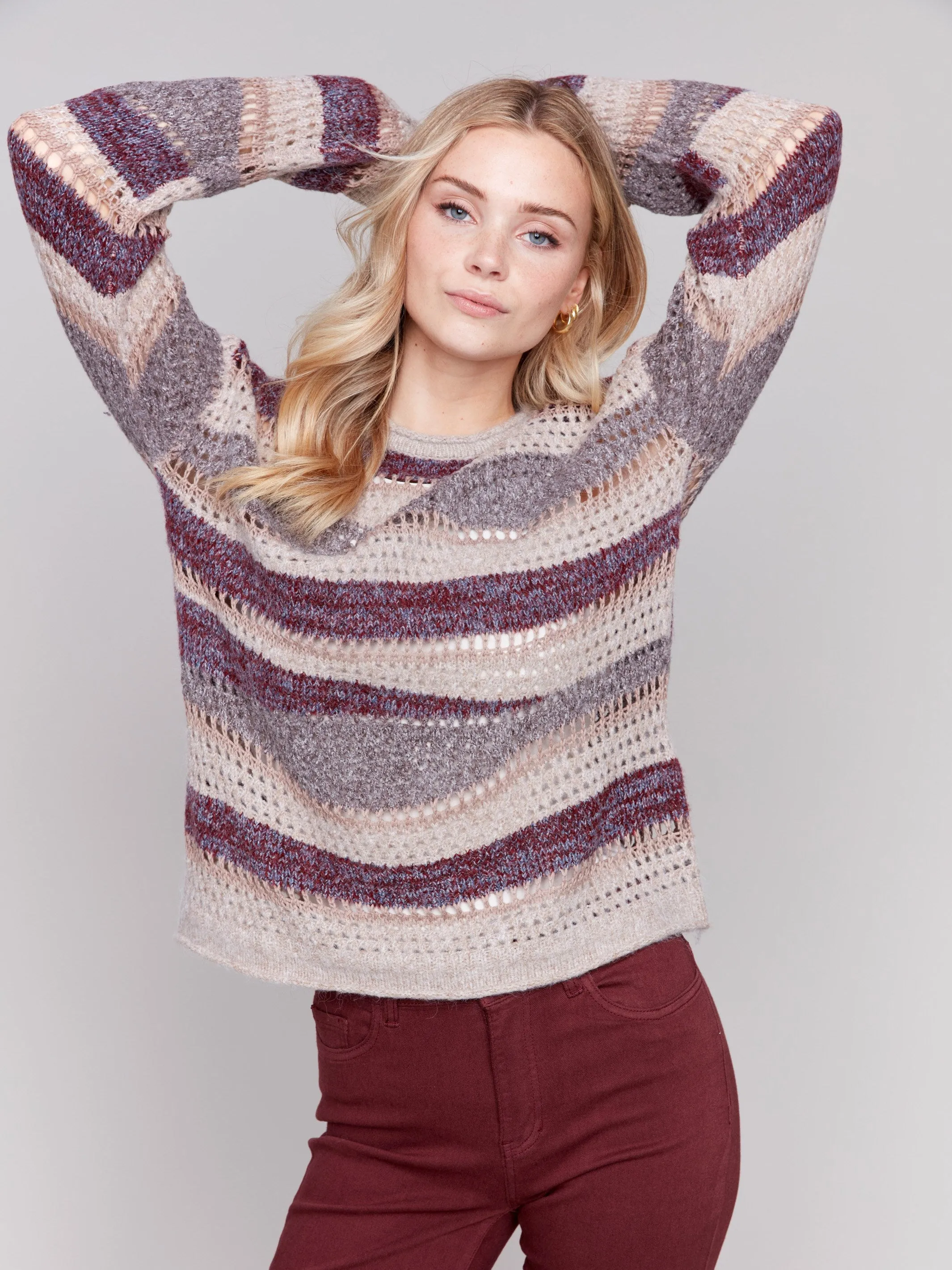 Patchwork Knit Drop Shoulder Sweater - Cabernet sold by Charlie B