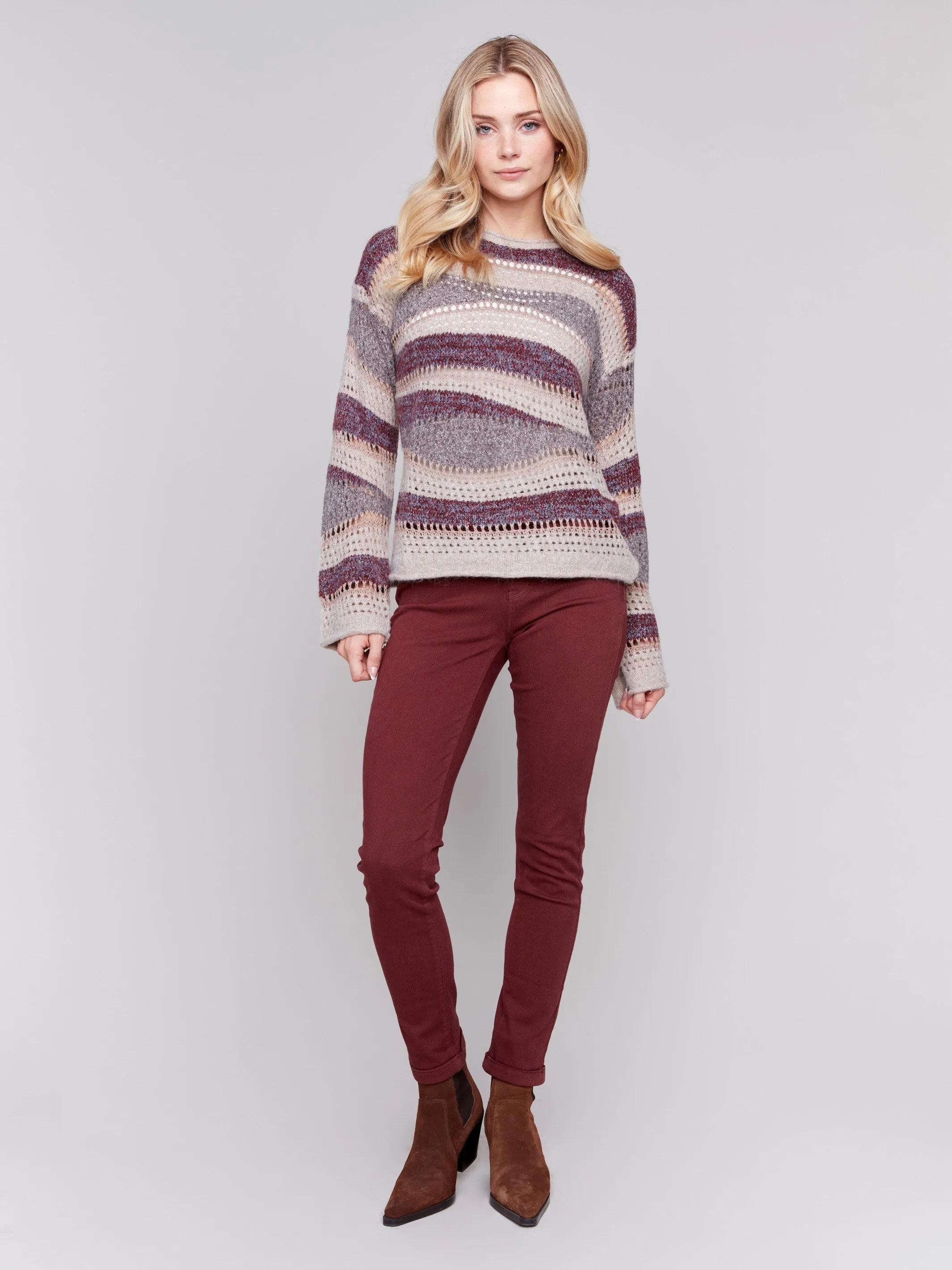Patchwork Knit Drop Shoulder Sweater - Cabernet sold by Charlie B product image thumbnail 2