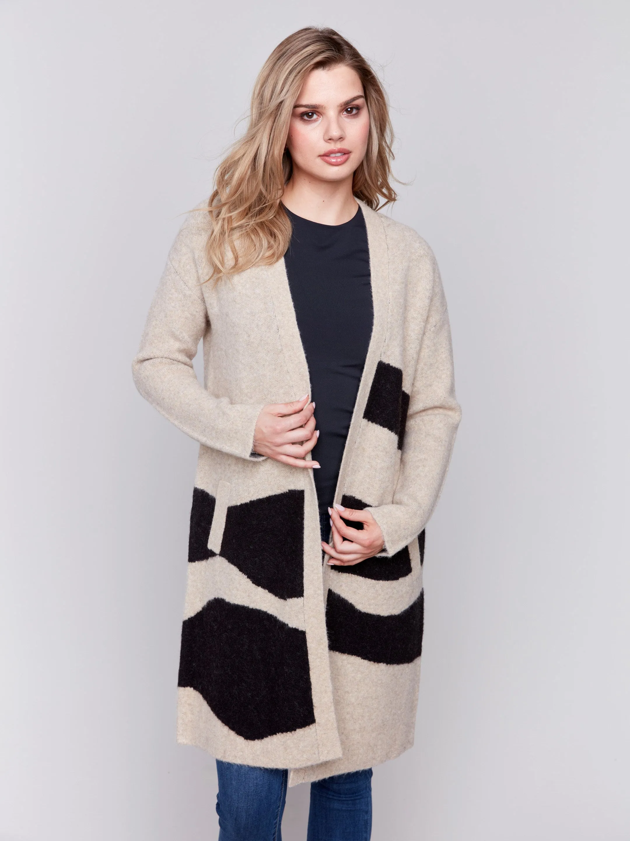 Long Jacquard Knit Cardigan - Oatmeal sold by Charlie B