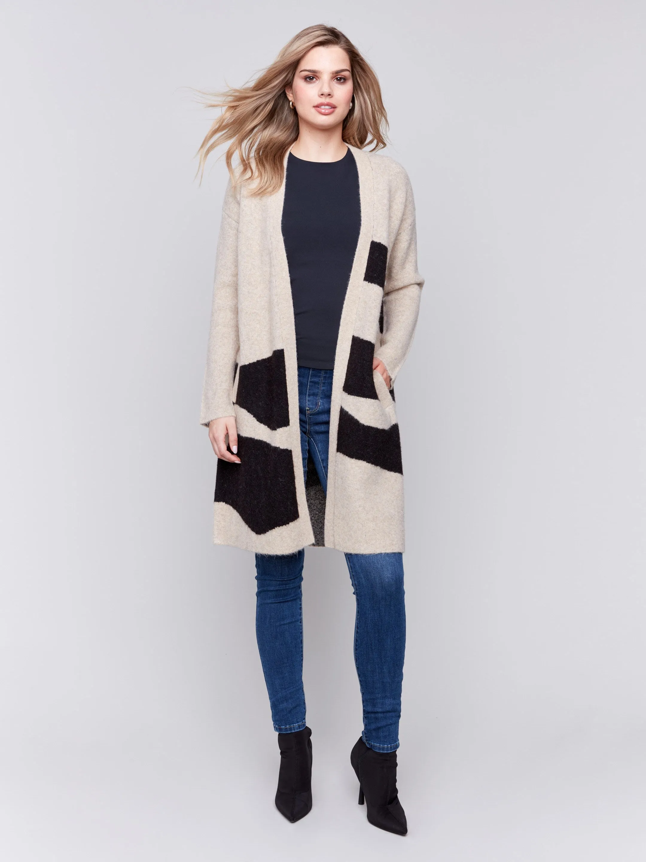 Long Jacquard Knit Cardigan - Oatmeal sold by Charlie B product image thumbnail 2