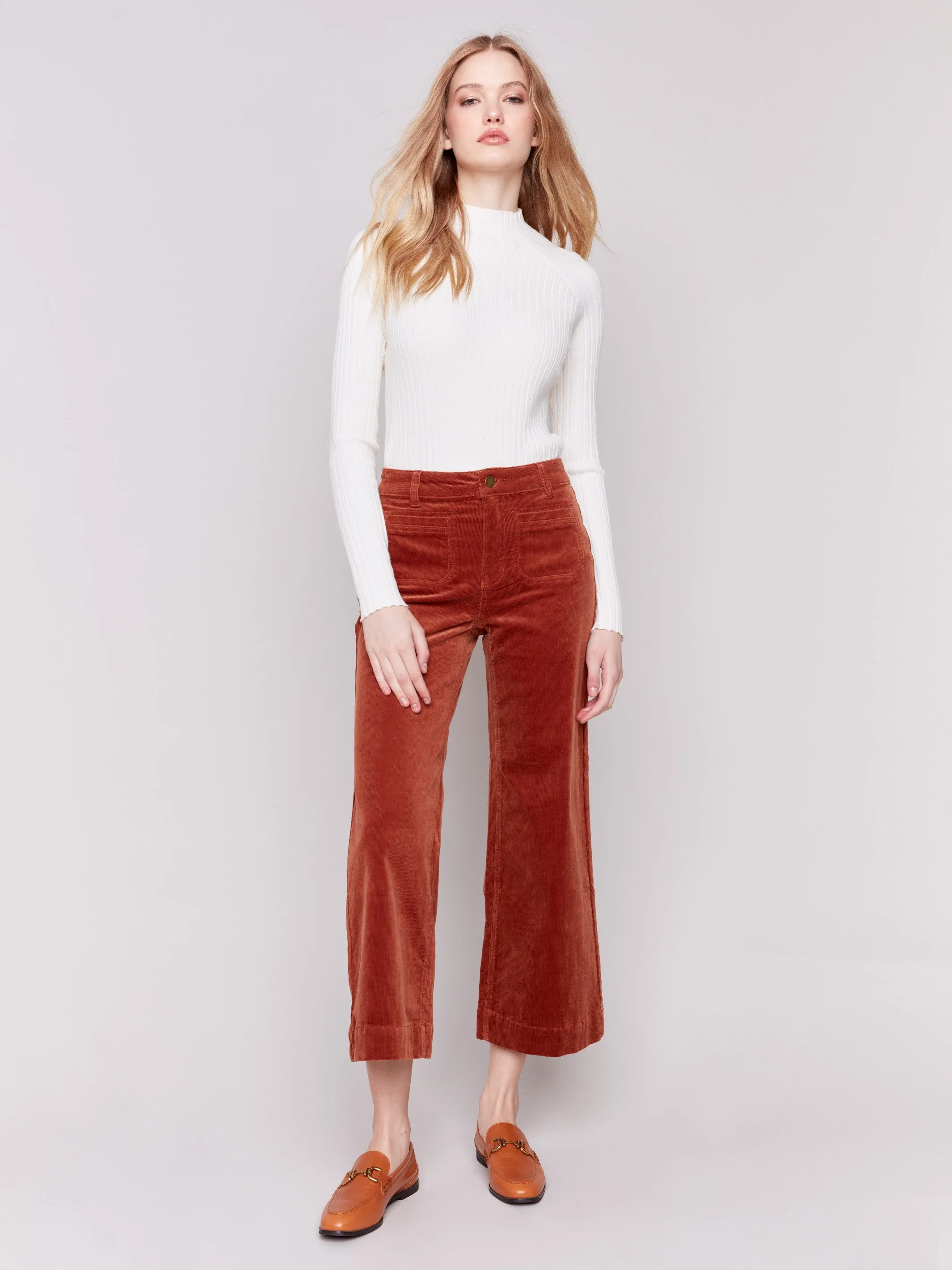 Patch Pocket Corduroy Flare Pants - Terracotta sold by Charlie B