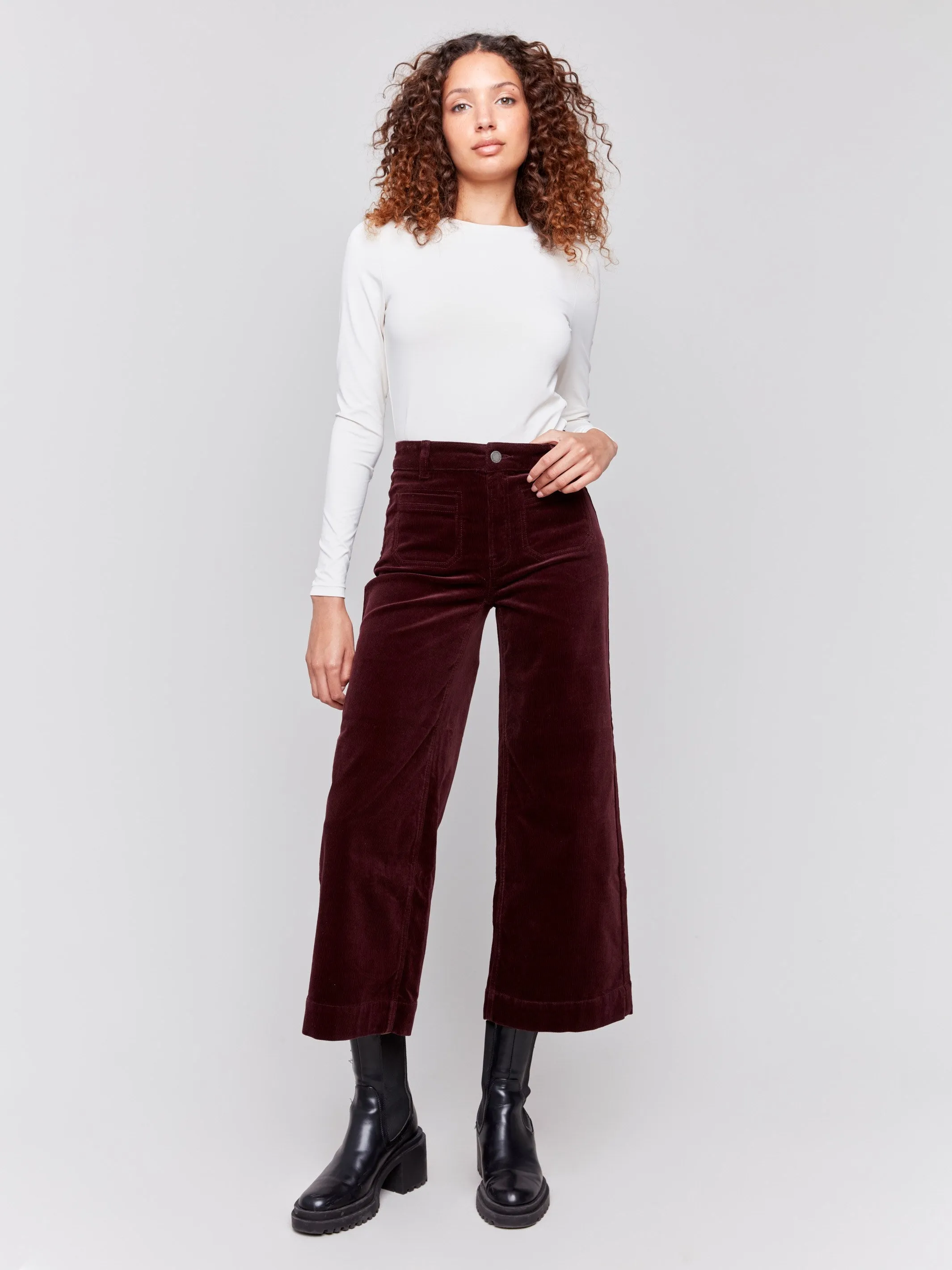 Patch Pocket Corduroy Flare Pants - Plum sold by Charlie B
